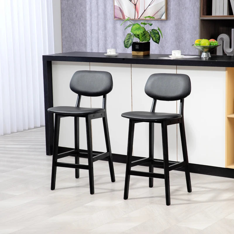 Bar Stools Set of 2, PU Leather Counter Height Barstools, Bar Chairs with Footrest and Solid Wood Legs, Black