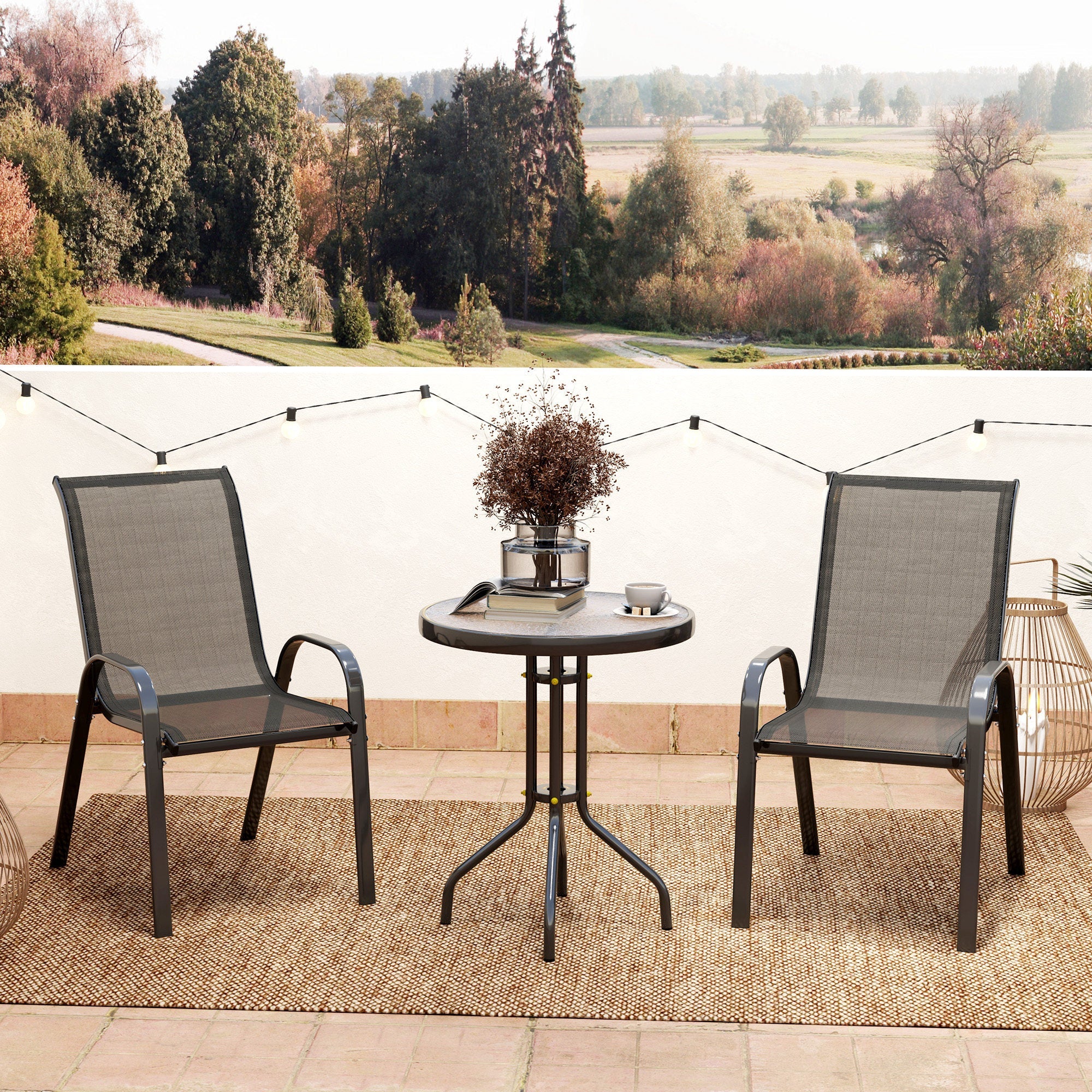 Outsunny 3 Pieces Bistro Set, Small Patio Furniture Set with Stackable Mesh Chairs, Glass Table for Garden, Balcony, Black 