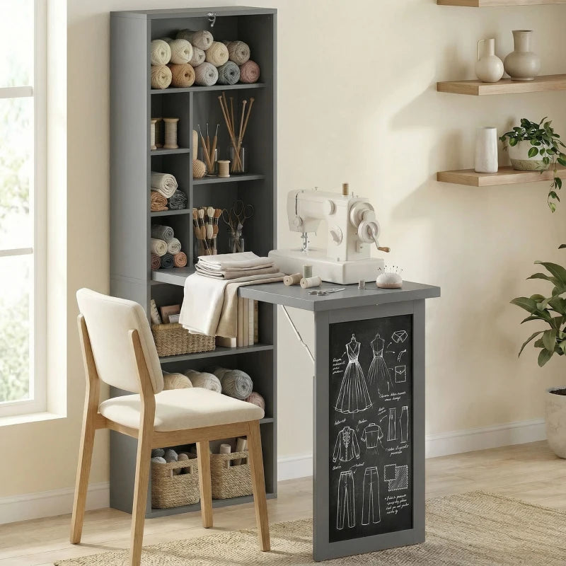 Fold-out Convertible Office Desk, Wall Mount Computer Desk with Blackboard and Side Shelf, Charcoal Grey