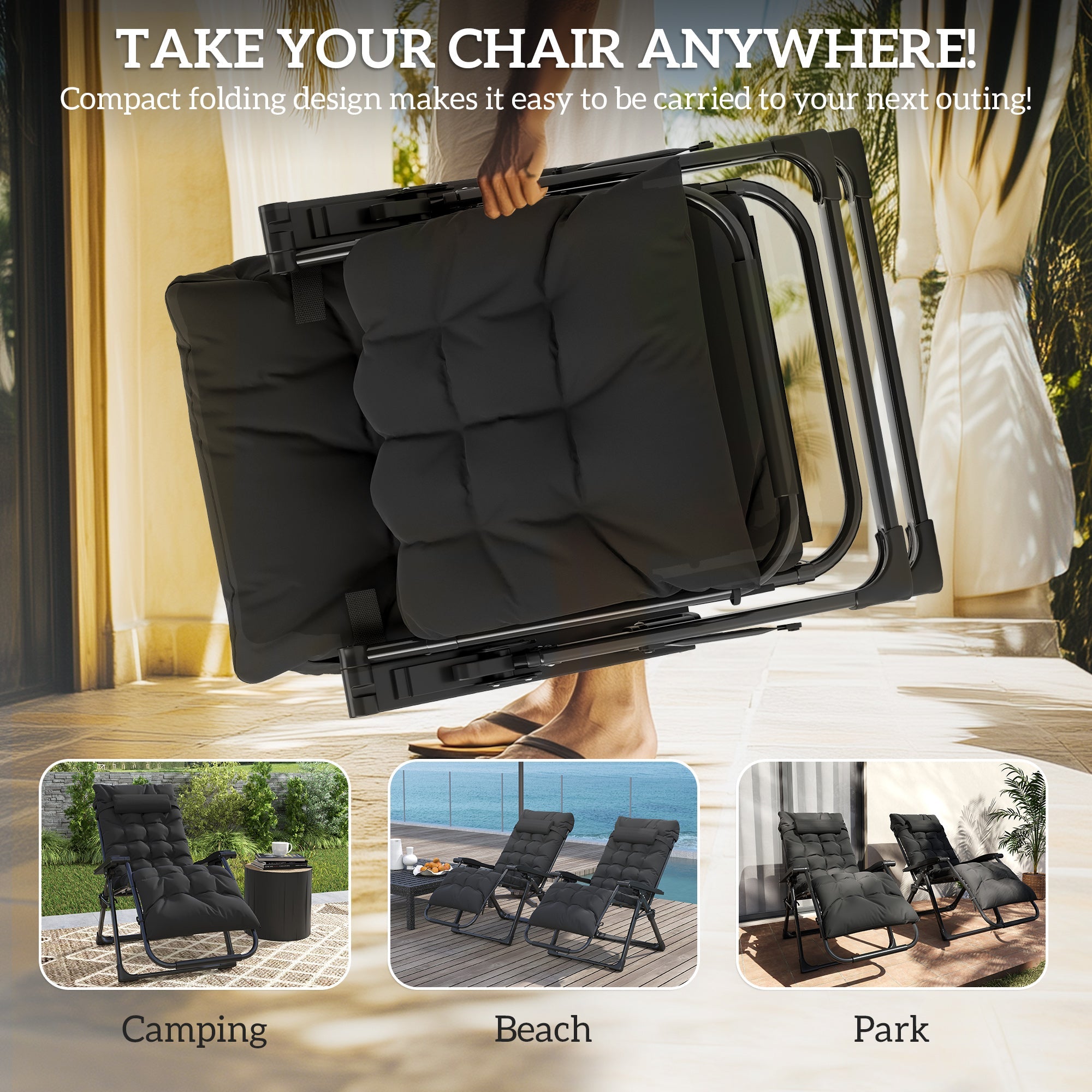 Outsunny Folding Garden Chairs Set of 2, Reclining Zero Gravity Chair, Sun Lounger with Cushion and Headrest, Black 