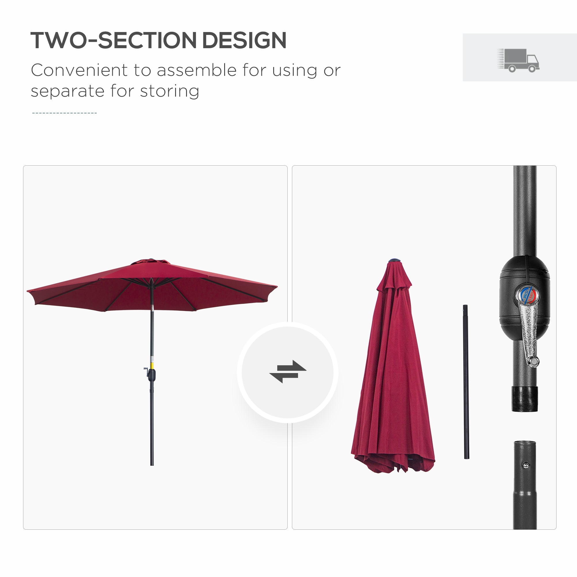 Outsunny Steel Frame Patio Umbrella: 10'x8' Round Market Garden Parasol Canopy, Wine Red 