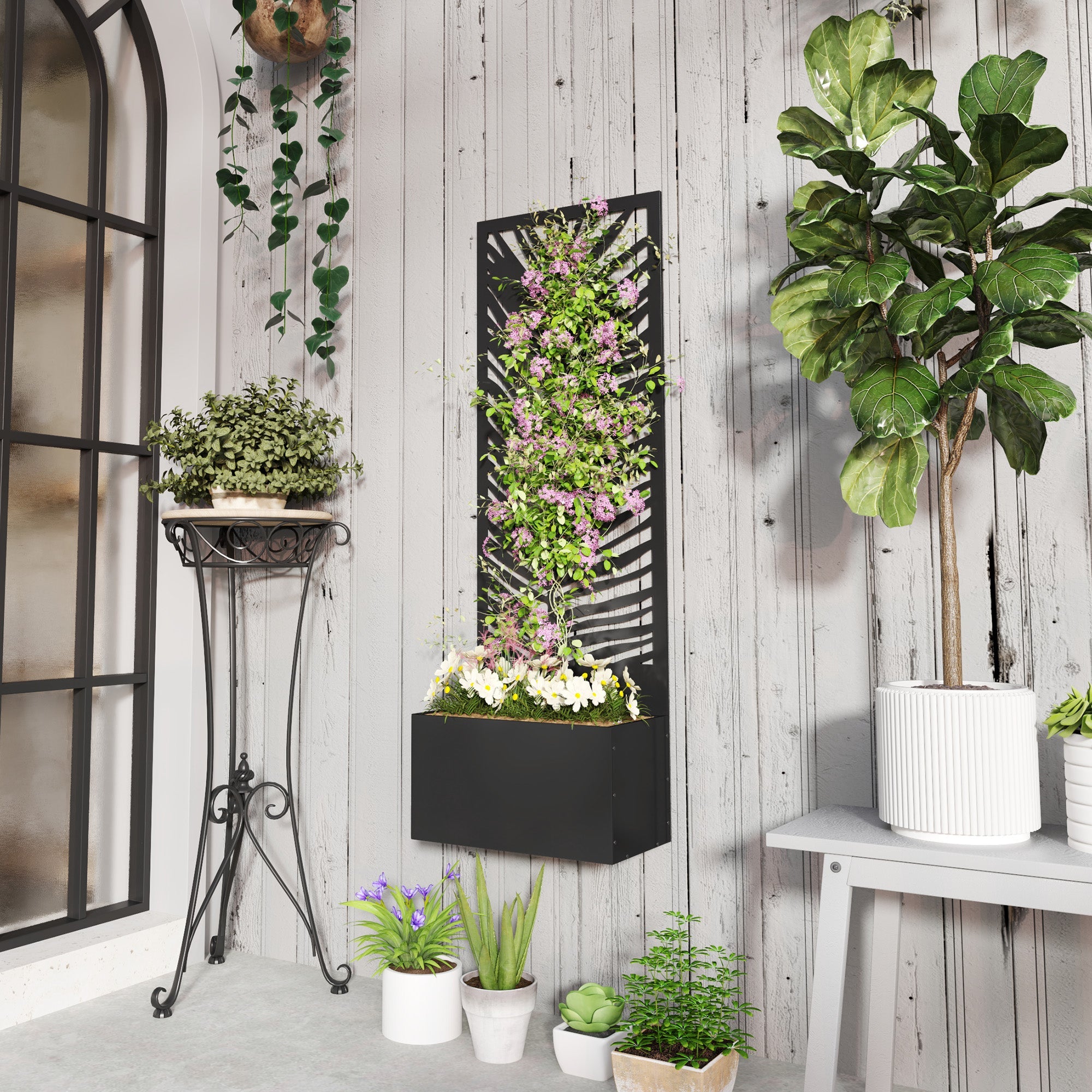 Outsunny Raised Garden Bed with Outdoor Privacy Screen, Metal Planter Box with Trellis, Wall-Mounted or Freestanding, Black 