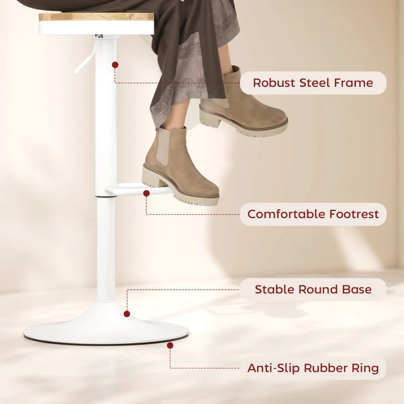 Wood Barstools Set of 2, Swivel Bar Stools with Adjustable Height for Kitchen Counter, Natural Wood and White