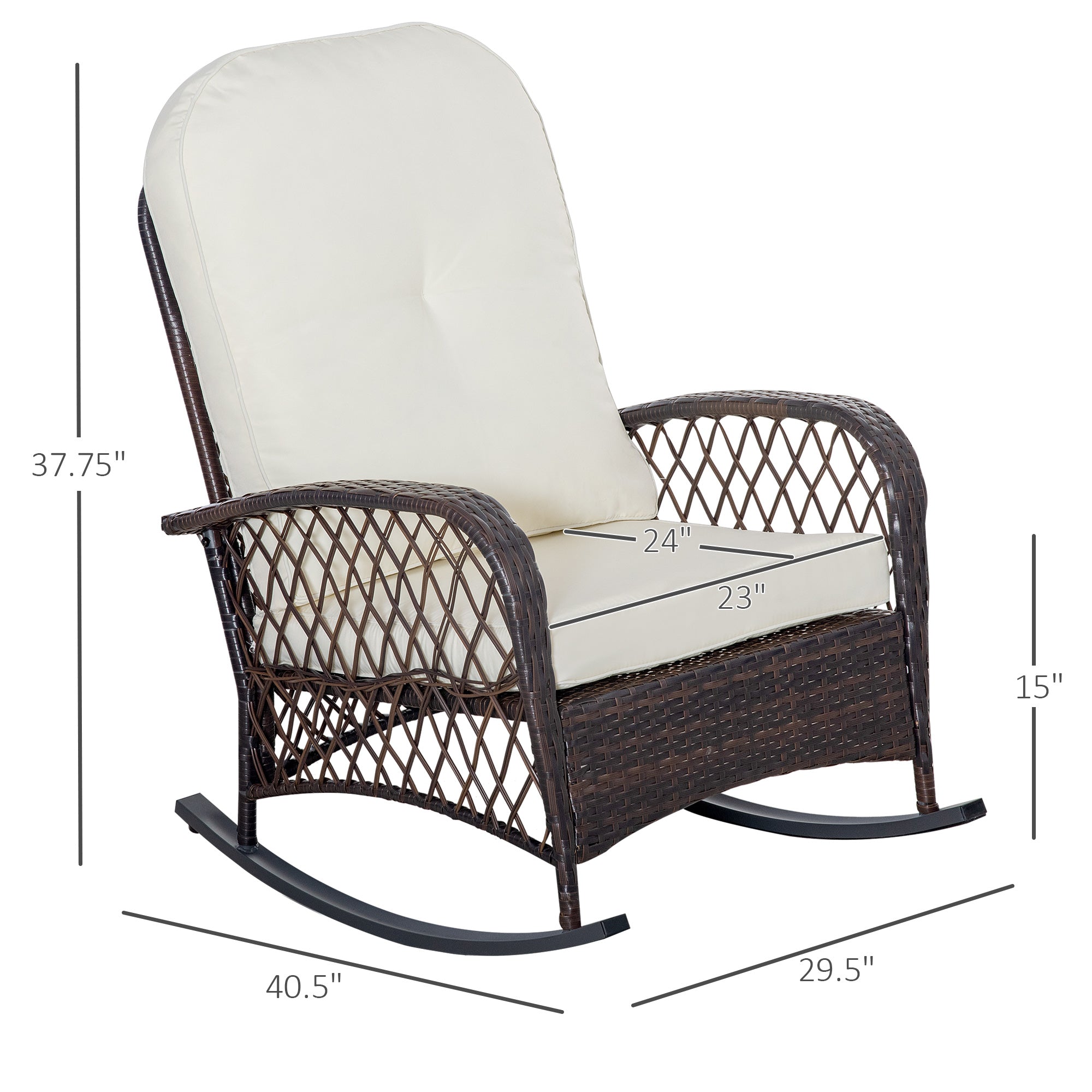 Outsunny Rattan Rocking Chair Outdoor Wicker Glider PE Rattan, Patio Recliner Rocker Chair Furniture with Soft Cushion 