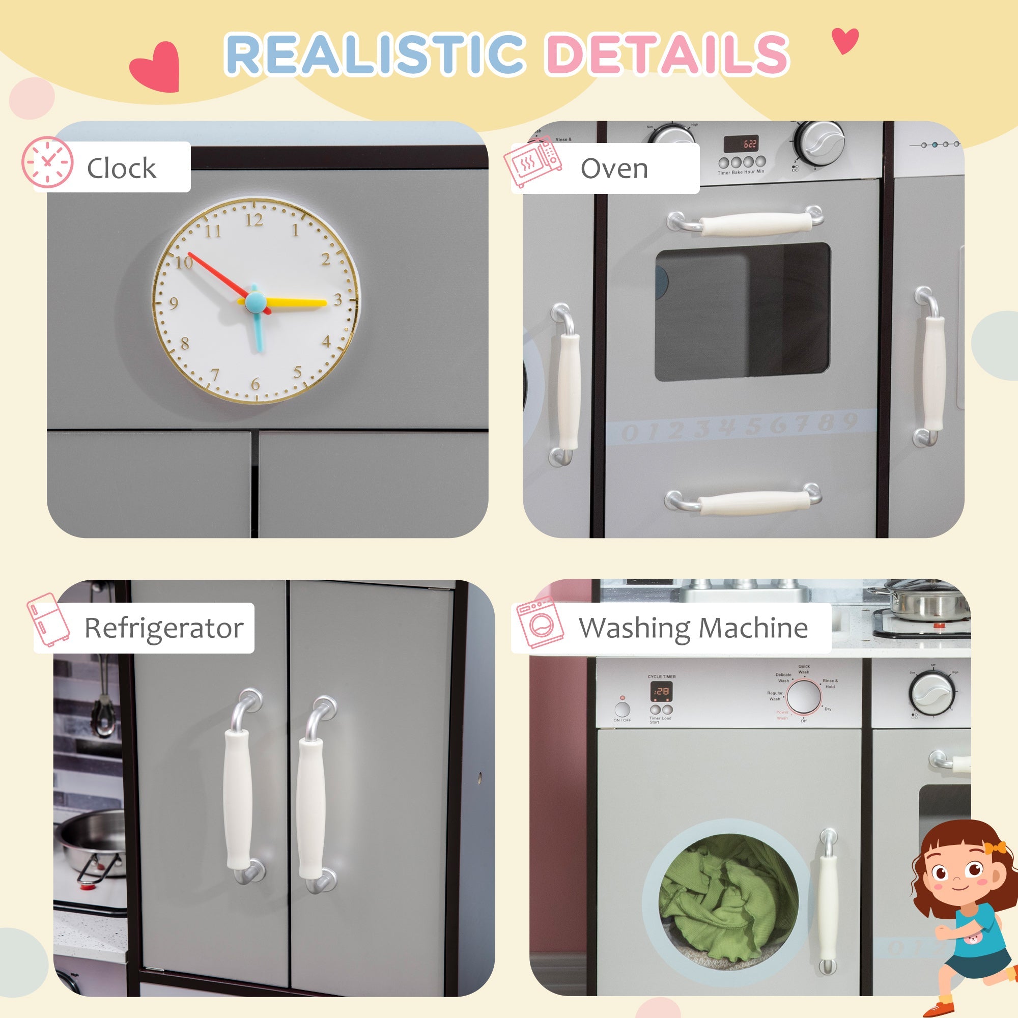 Qaba Wooden Play Kitchen with Lights Sounds, Kids Kitchen Playset with Washing Machine, Water Dispenser, Microwave, Range Hood 