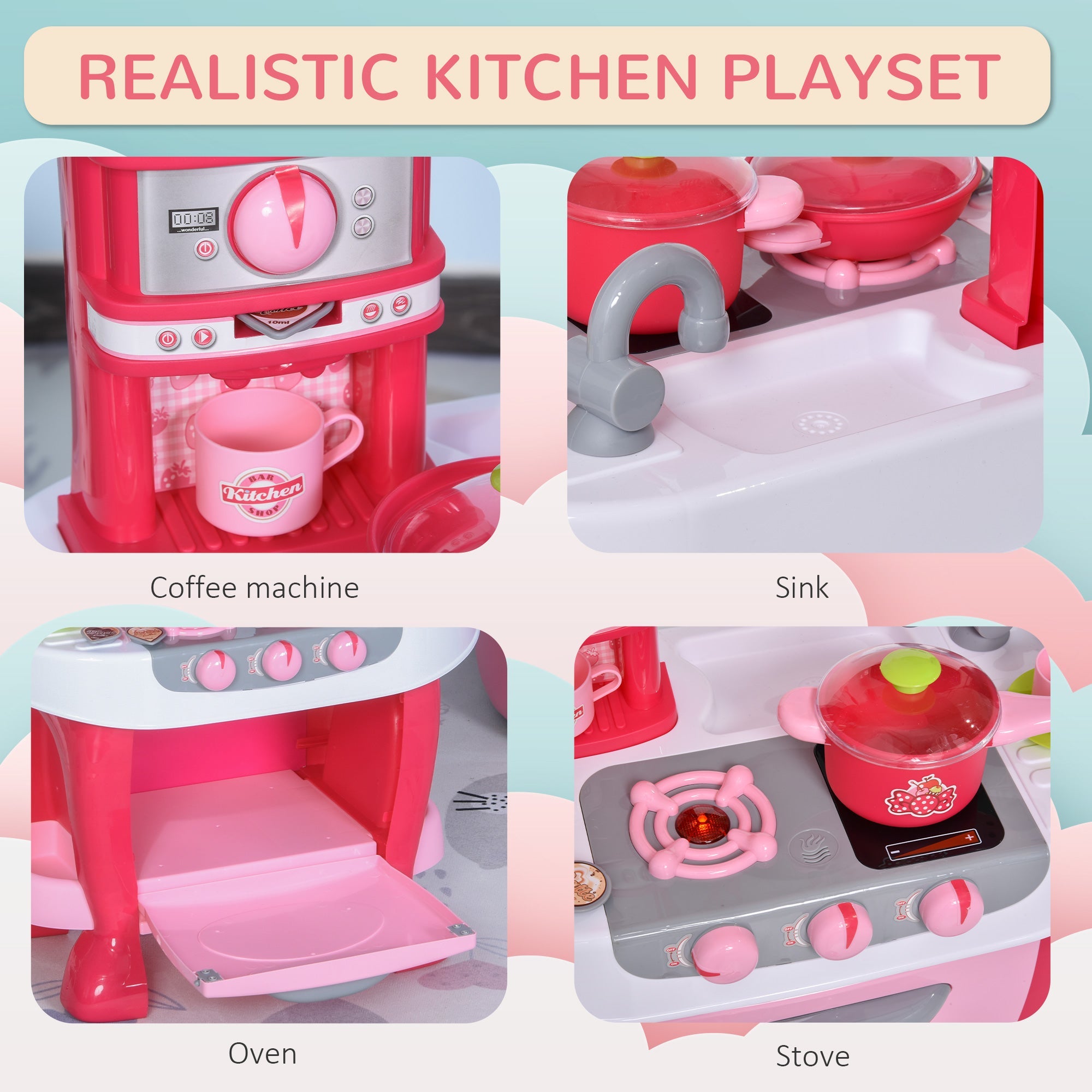 Qaba Children's Kitchen Playset with Light & Sound, 38Pcs Toy Accessories, Ideal for Pretend Play, Pink 