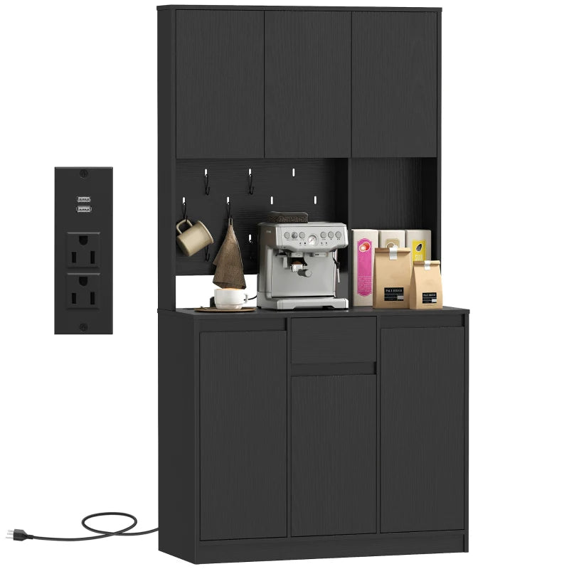 71" Pantry Cabinet with Charging Station, Kitchen Storage Cabinet with Microwave Stand, Pegboard, 6 S-hooks, Black