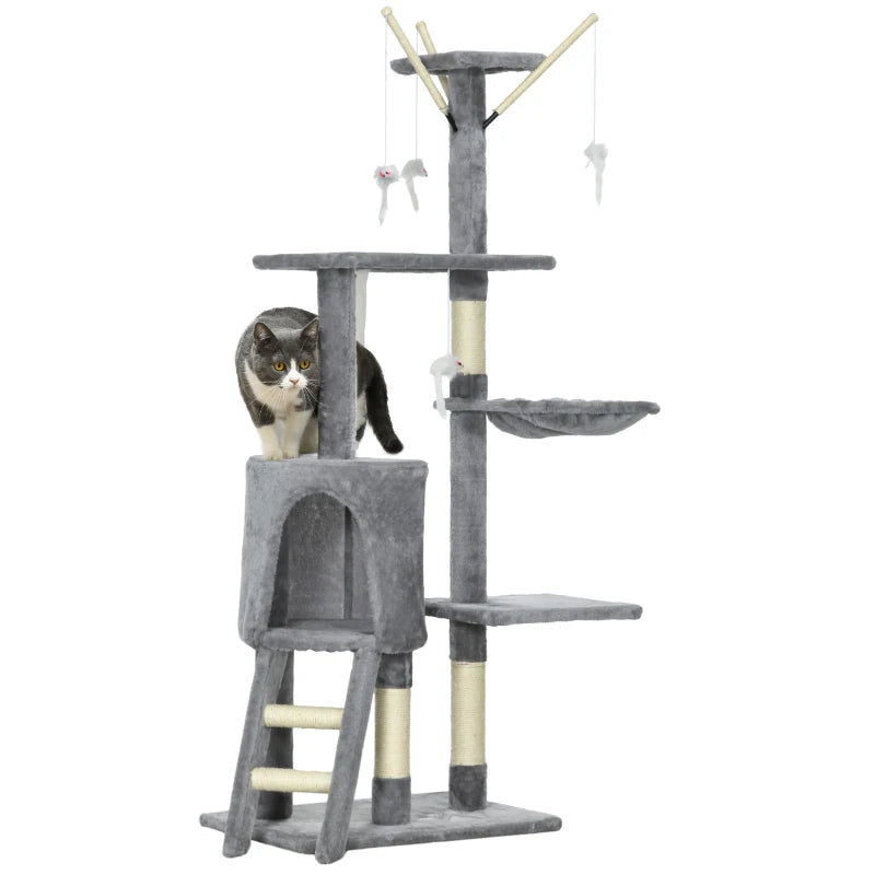 53" Cat Tree Tower, Kitten Activity Centre with Scratching Posts, Condo, Perches, Ladder, Hammock, Dangling Toys, Grey