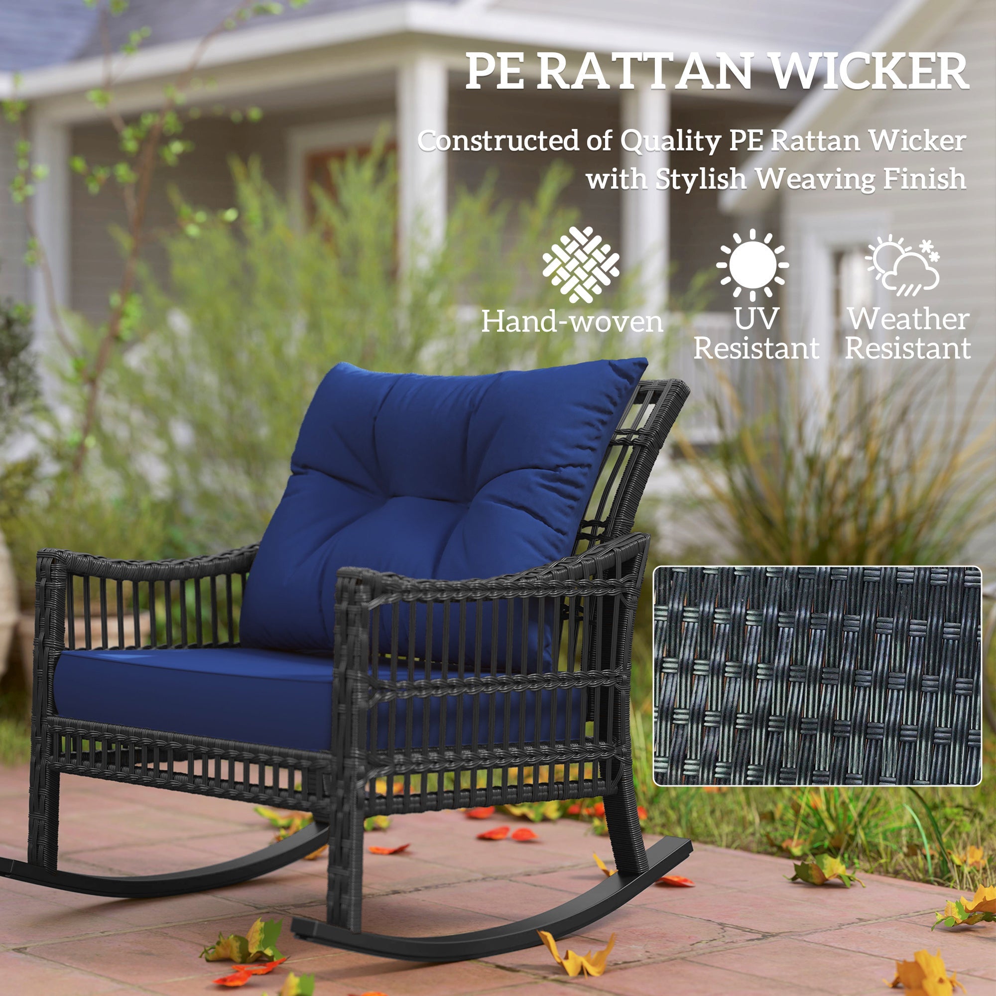 Outsunny 3 Pieces Outdoor PE Rattan Rocker Chair Set, Rocking Chair with Tempered Glass Table Top, 25"x26"x28", Dark Blue 