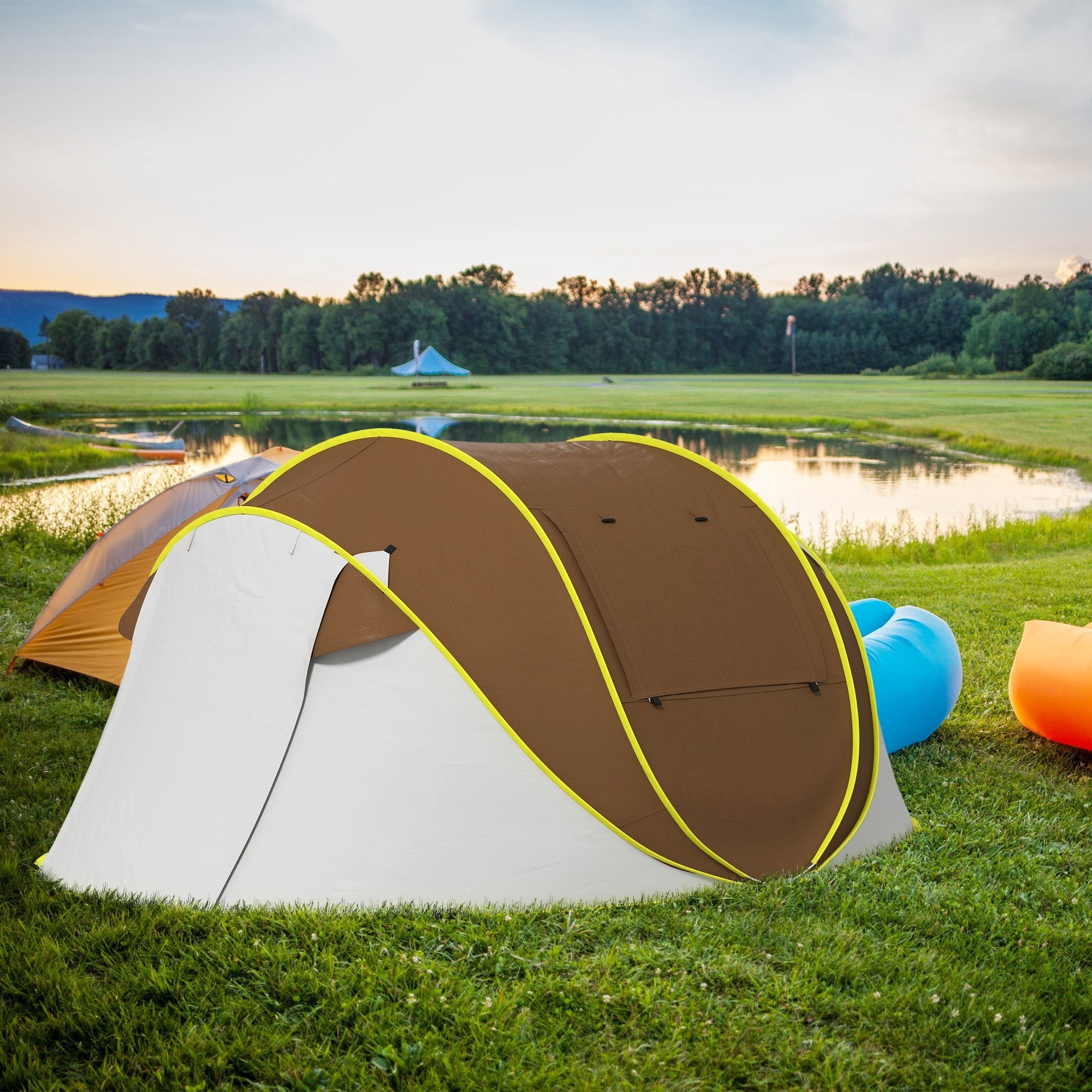 Outsunny Waterproof Pop Up Camping Tent 2 Porch Carry Bag for 2-3 People Outdoor Adventure Brown 