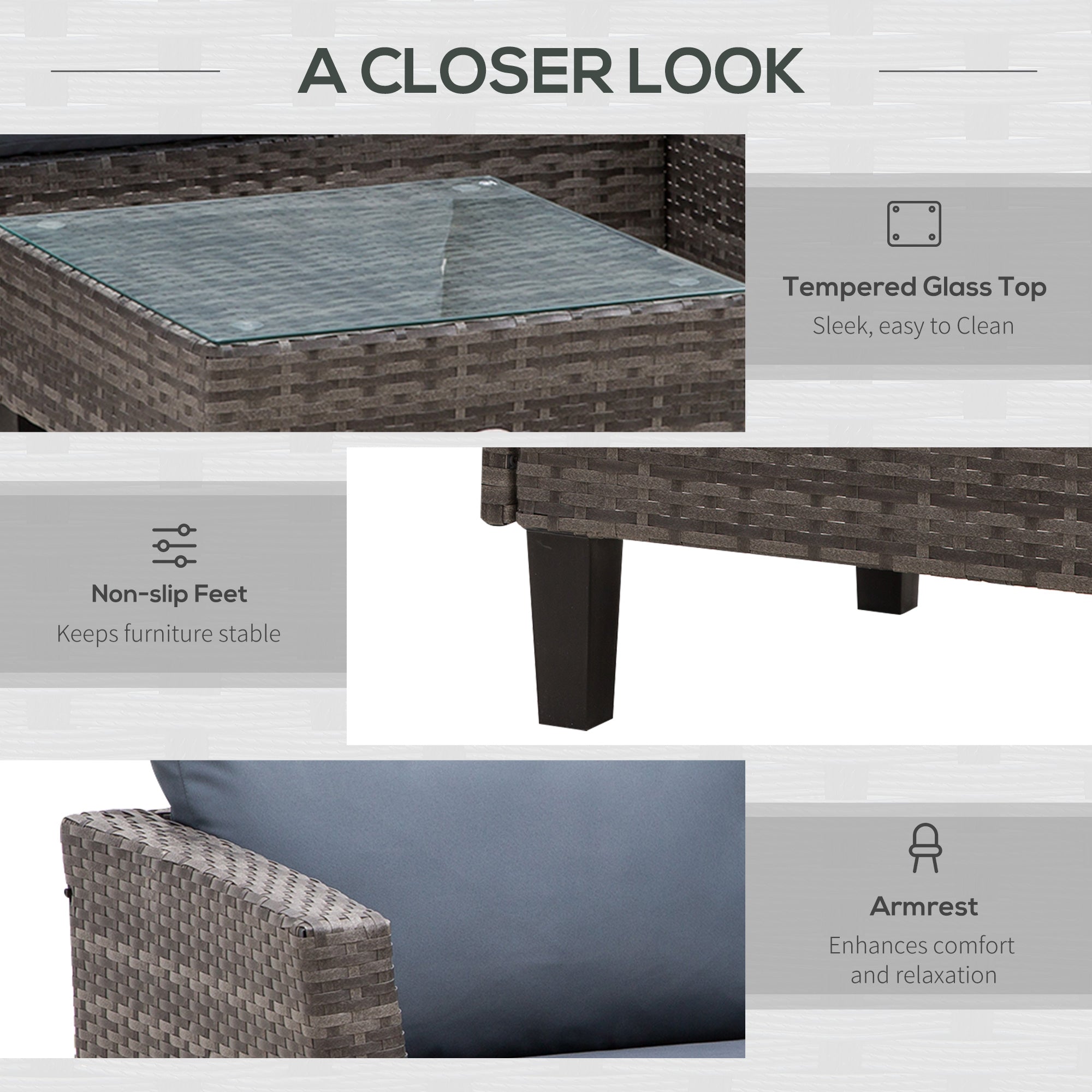 Outsunny 3 Piece Wicker Patio Set - Outdoor Sofa with Glass Tabletop, Cushions, Metal Frame in Grey for Balcony, Patio 