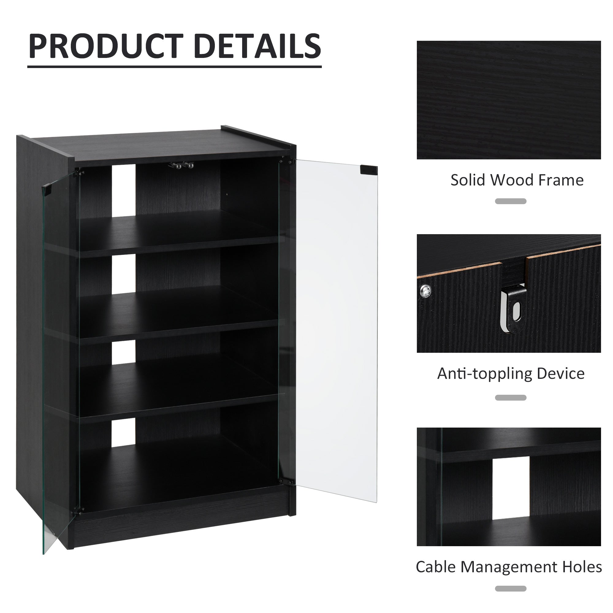 HOMCOM Media Maven: 5-Tier DVD Storage Cabinet with Adjustable Shelves, Tempered Glass Doors, Cable Management, Black Elegance 
