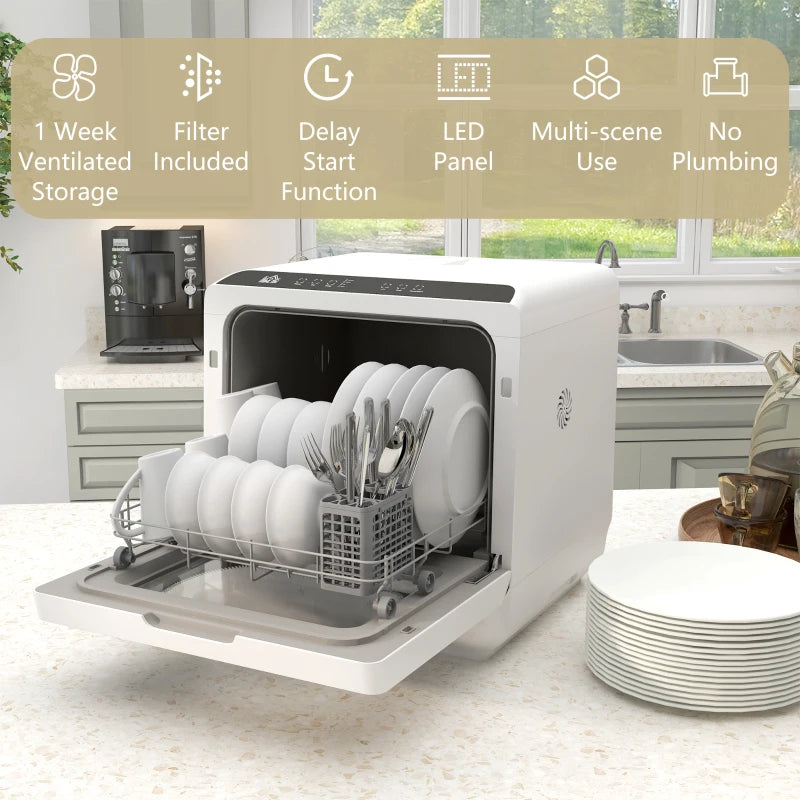 Portable Dishwasher, Counter Dishwasher with 4 Place Settings, 5 Washing Programs, Air-Dry Function, 6L Water Tank