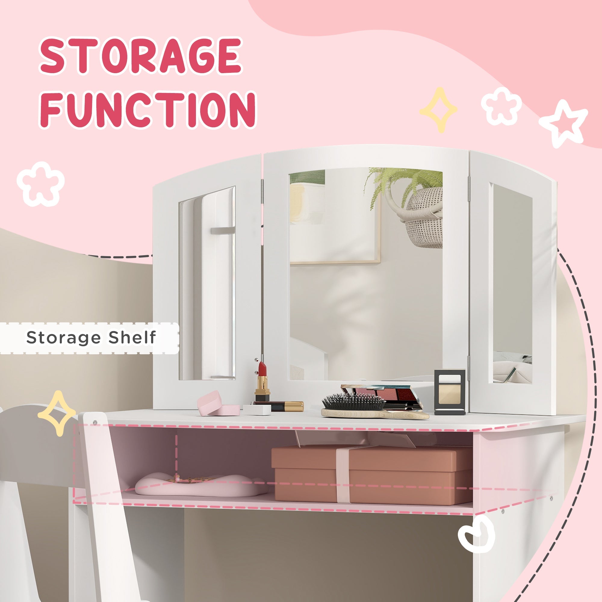 Qaba 2 in 1 Kids Vanity Set Makeup Dressing Table Pretend Play Set with Tri-Folding Mirror, Stool, Storage Shelf 