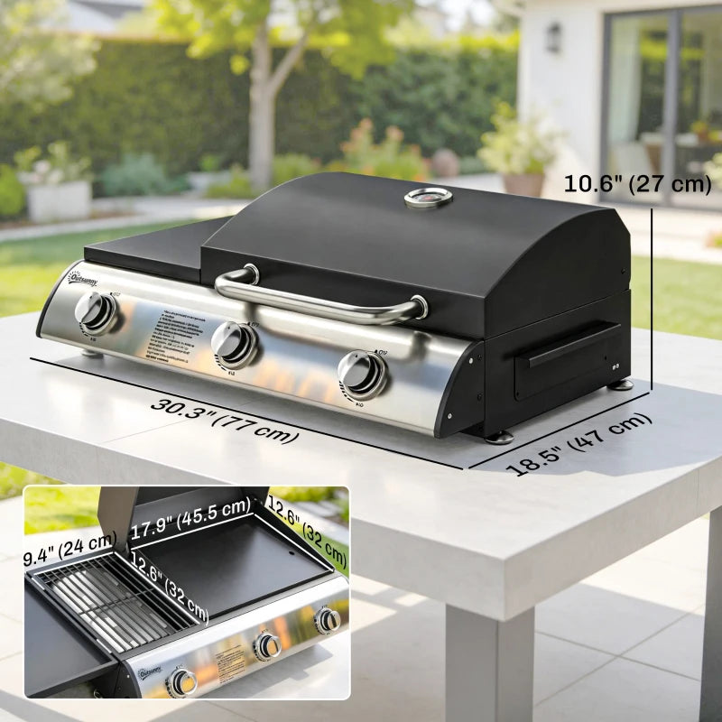 Outsunny 3 Burner Portable Propane Gas Grill Griddle, Tabletop Grill & Griddle Combo with Adjustable Foot Pads, 28,500 BTU, Black