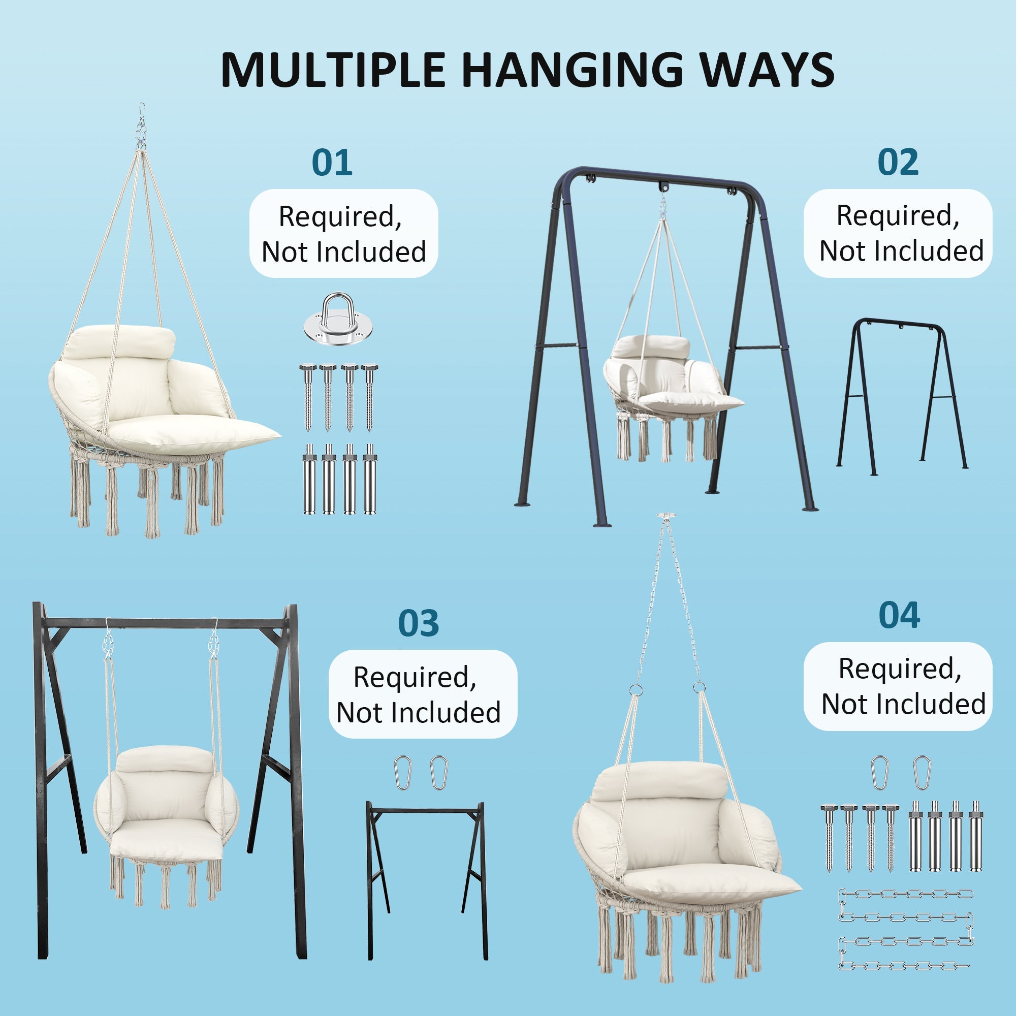 Outsunny Boho Hammock Chair Swing Hanging Chair with Cushion, Chain, Steel Frame for Indoor Outdoor Bedroom Patio Balcony, Cream 