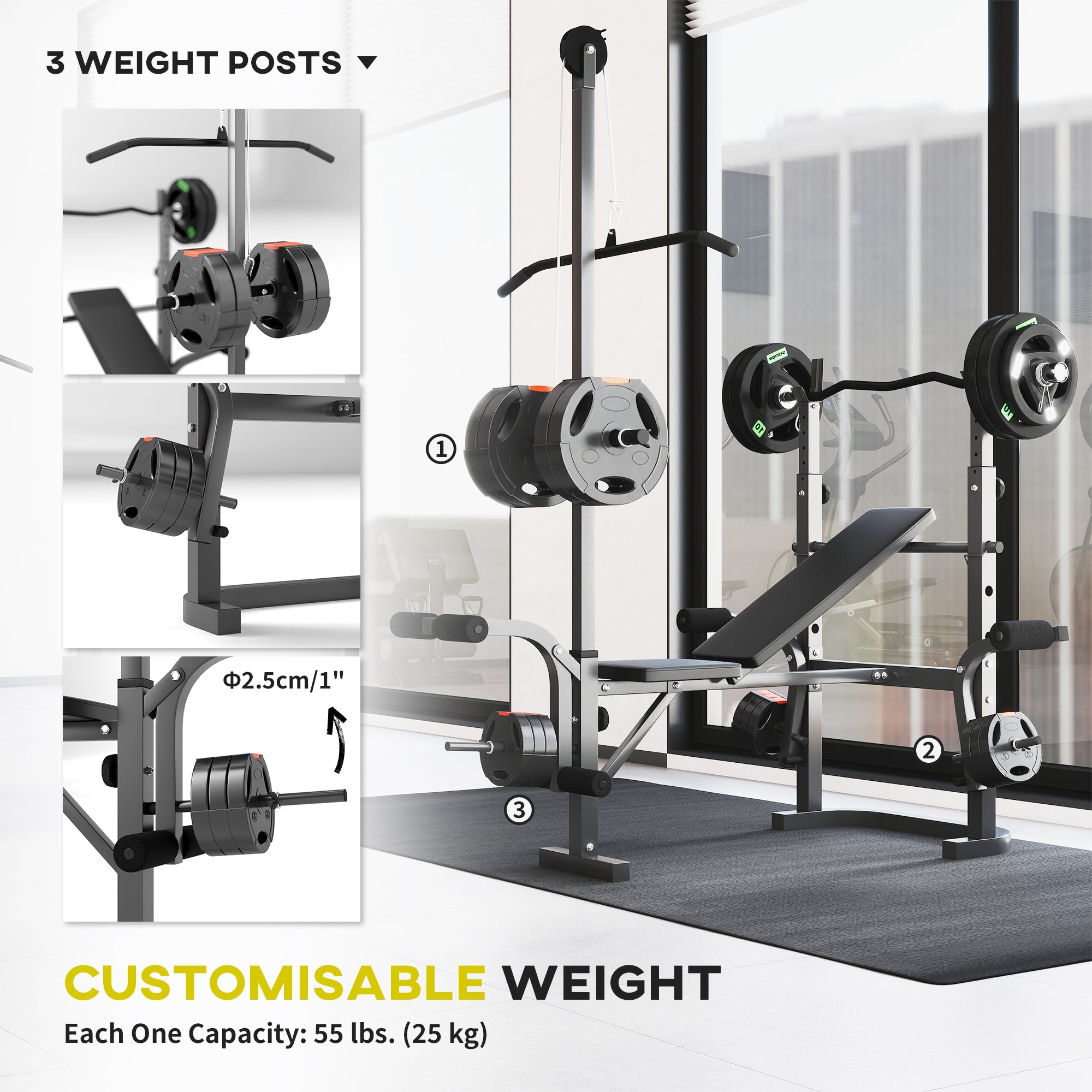 Soozier Adjustable Weight Bench with Bench Press Rack, Preacher Curl Bench, Leg Extension and Lat Pull Down 