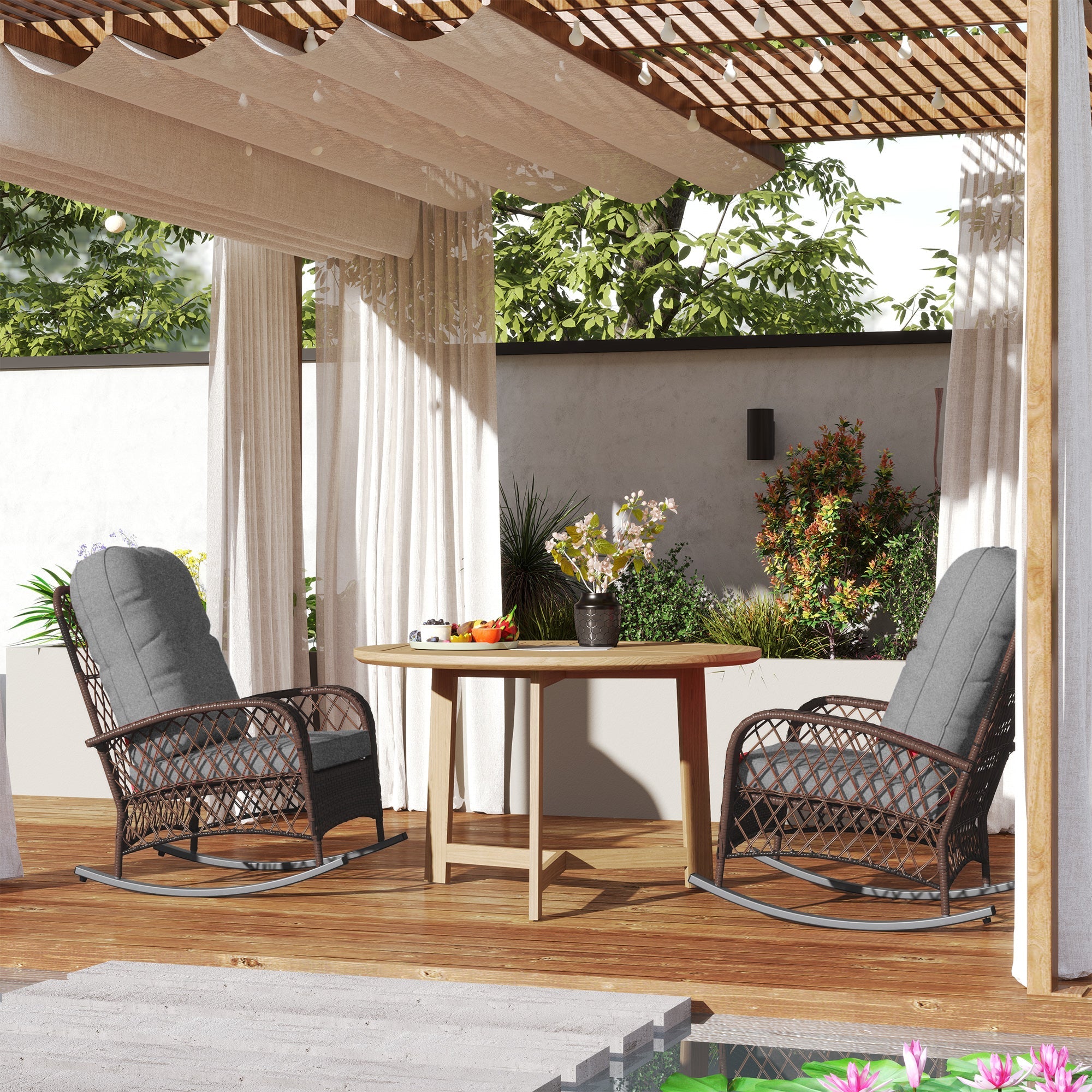 Outsunny Outdoor Wicker Rattan Rocking Chair Set of 2, Patio Rocker with Thick Cushions for Garden Backyard Porch, Grey 