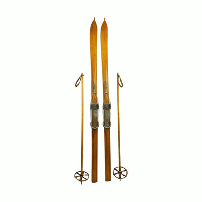 Antique Skis With Poles, Adult size 
