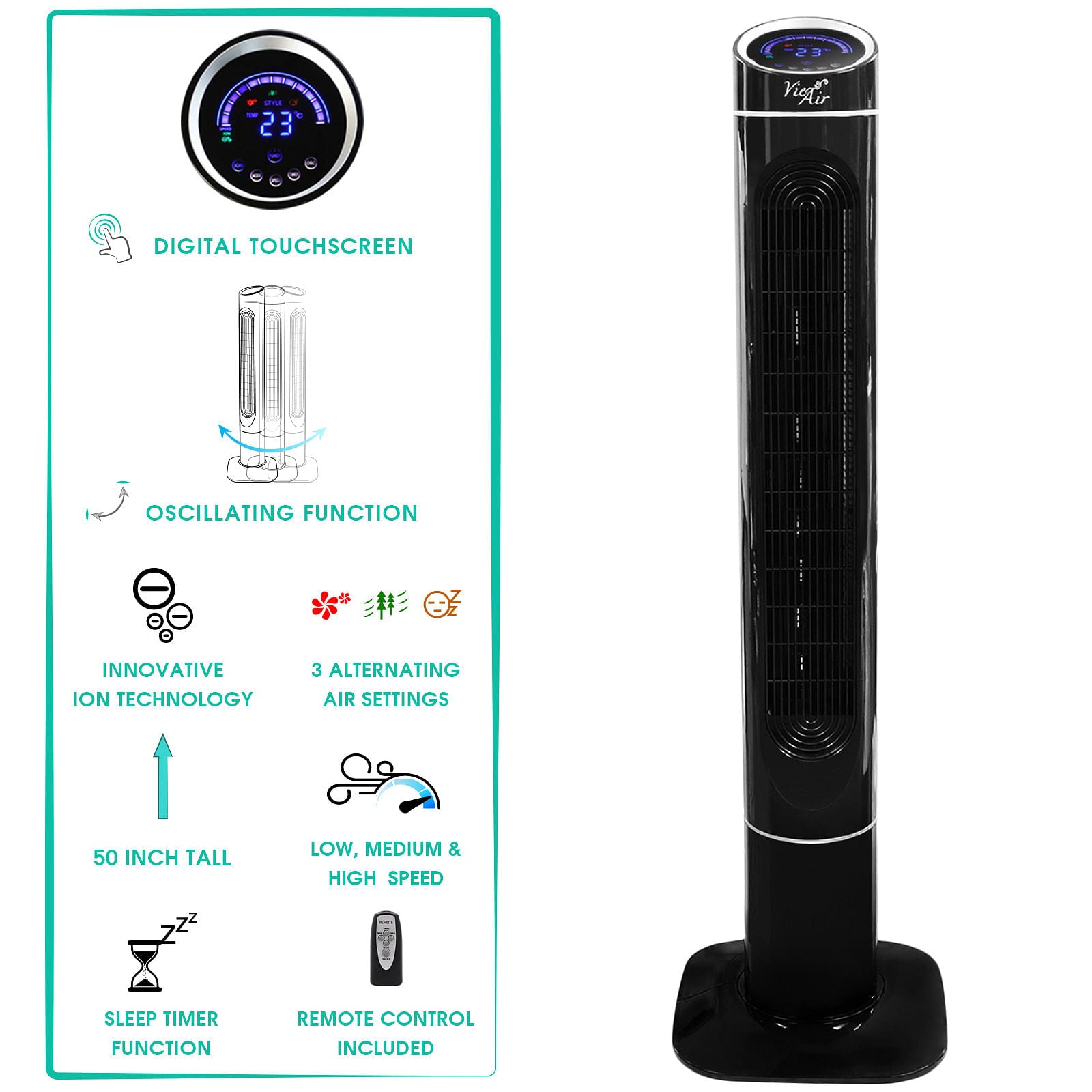 Vie Air 50 Inch Luxury Digital 3 Speed High Velocity Tower Fan with Fresh Air Ionizer and Remote Control in Black - Free Shipping 