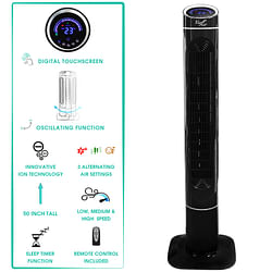 Vie Air 50 Inch Luxury Digital 3 Speed High Velocity Tower Fan with Fresh Air Ionizer and Remote Control in Black - Free Shipping