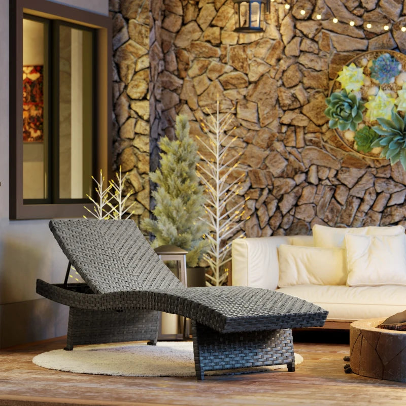 Patio Lounger, Folding Wicker Outdoor Chaise Lounge with 4-Level Adjustable Backrest, Grey