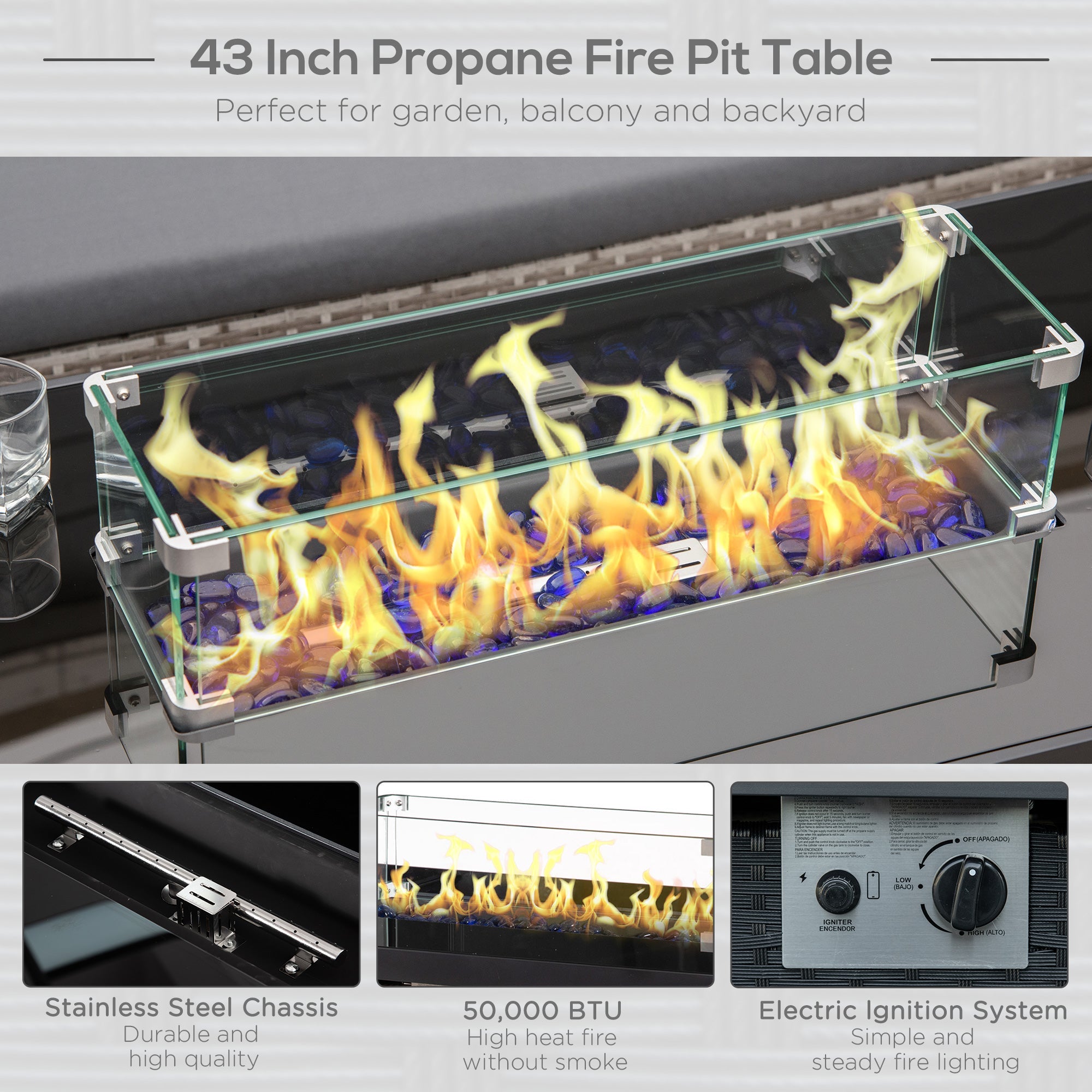 Outsunny Outdoor Propane Gas Fire Pit Table 43 Inch 50000 BTU Electric Ignition CSA Certified Black 