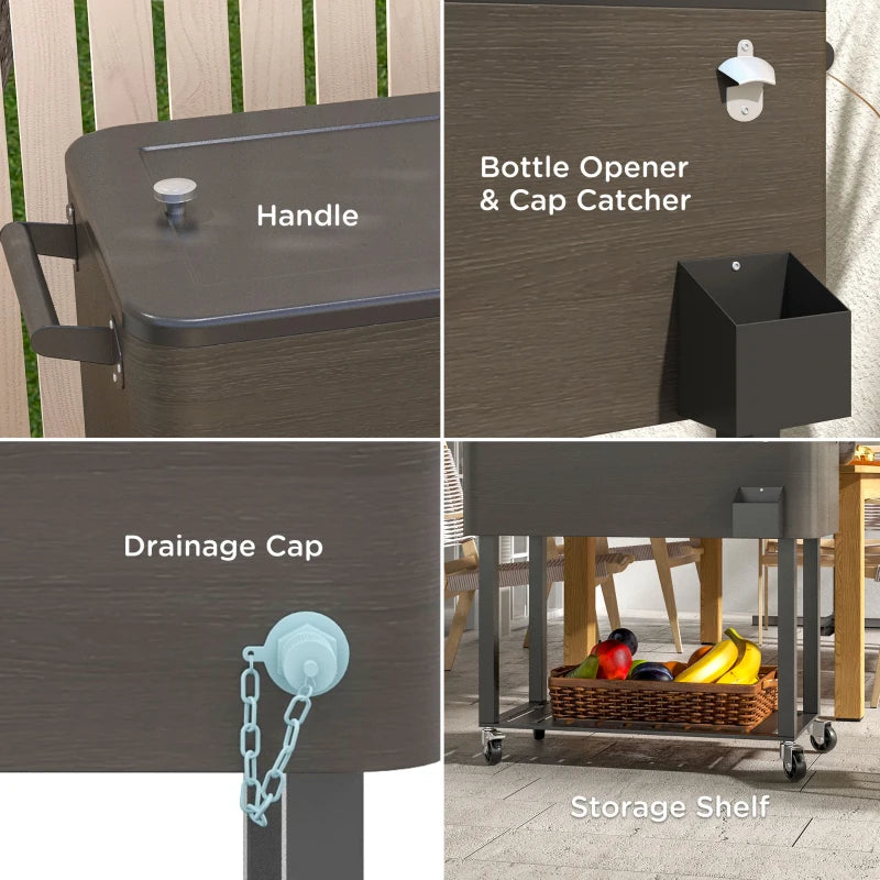 Outdoor Beverage Cooler Bar Cart, 67-Qt Patio Cooler Cart Rolling Ice Chest with Shelf, Bottle Opener and Wheels, Grey