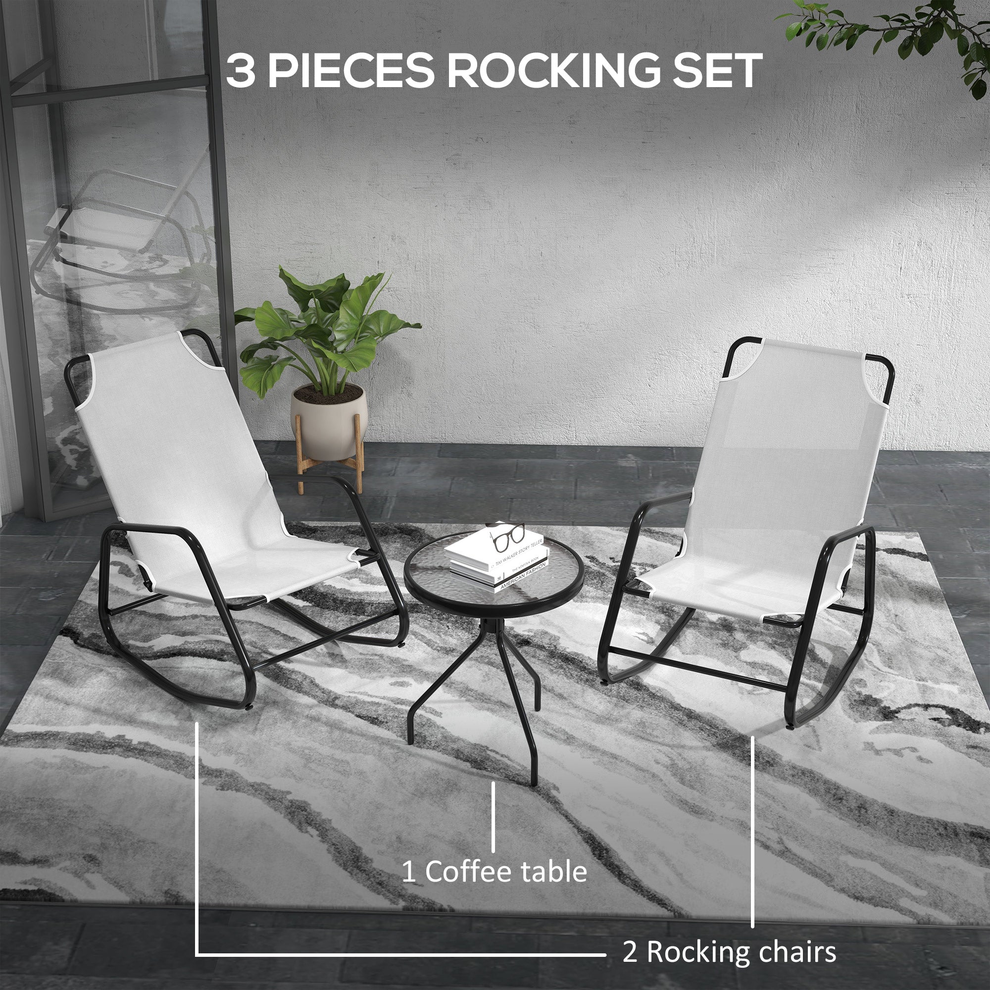 Outsunny Patio Rocking Chairs Set of 2, 3 Pieces Patio Bistro Set with Metal Frmae, Breathable Mesh Fabric Seat for Garden, Deck, White 