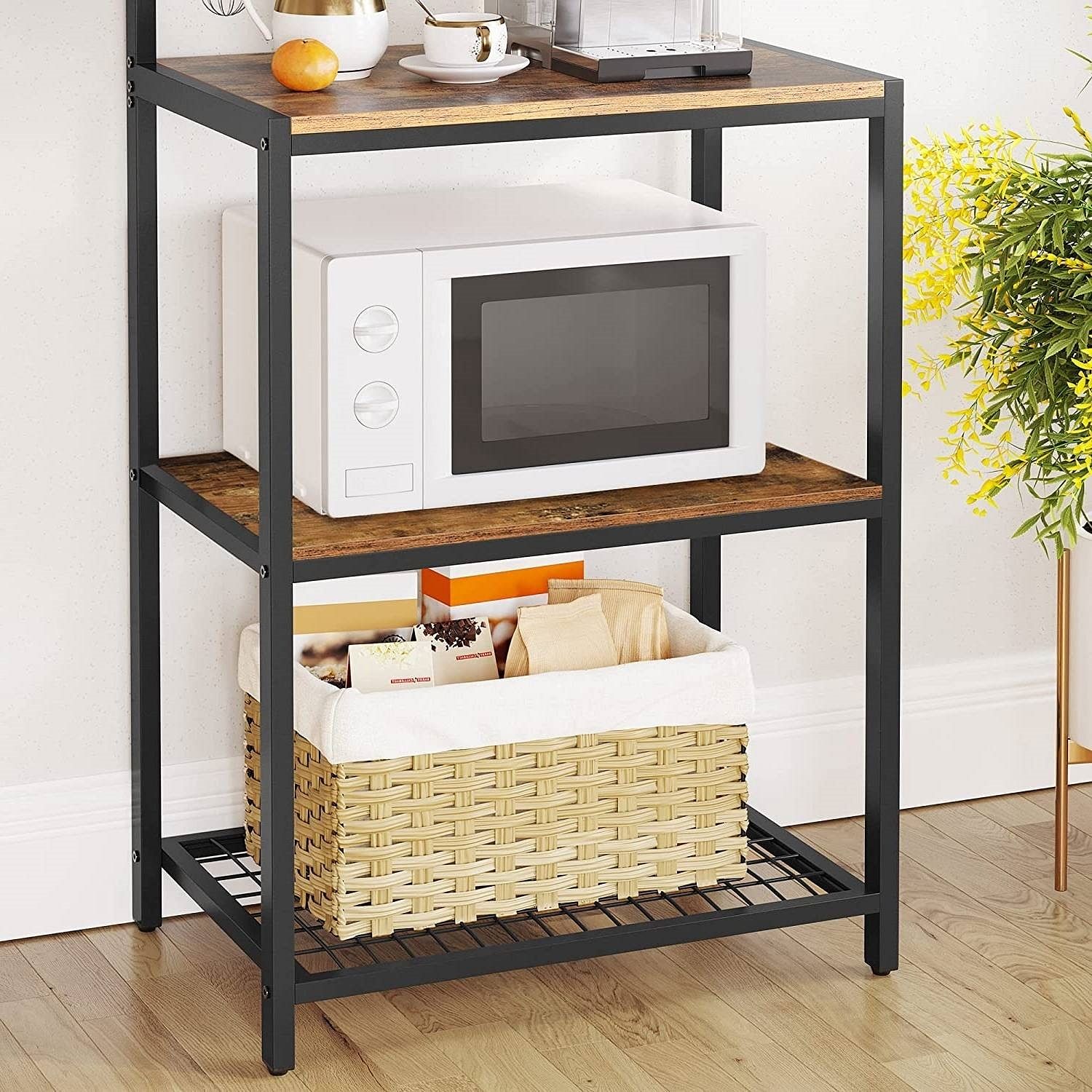 3-Shelf Black Metal Rustic Brown Wood Kitchen Baker's Rack Microwave Stand - Free Shipping 