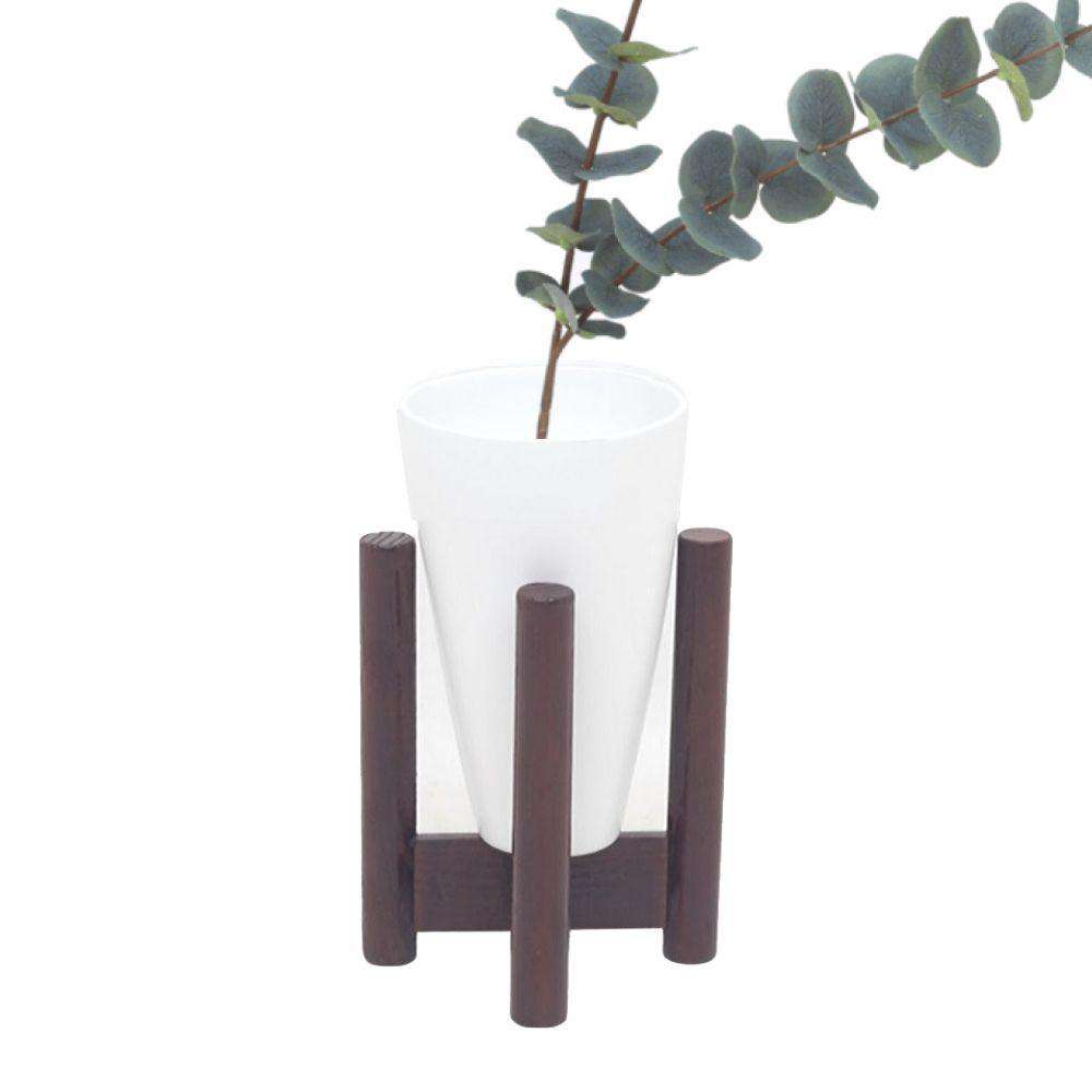 Vase - White Bamboo Mid-Century Tabletop Planter On Wood Stand 