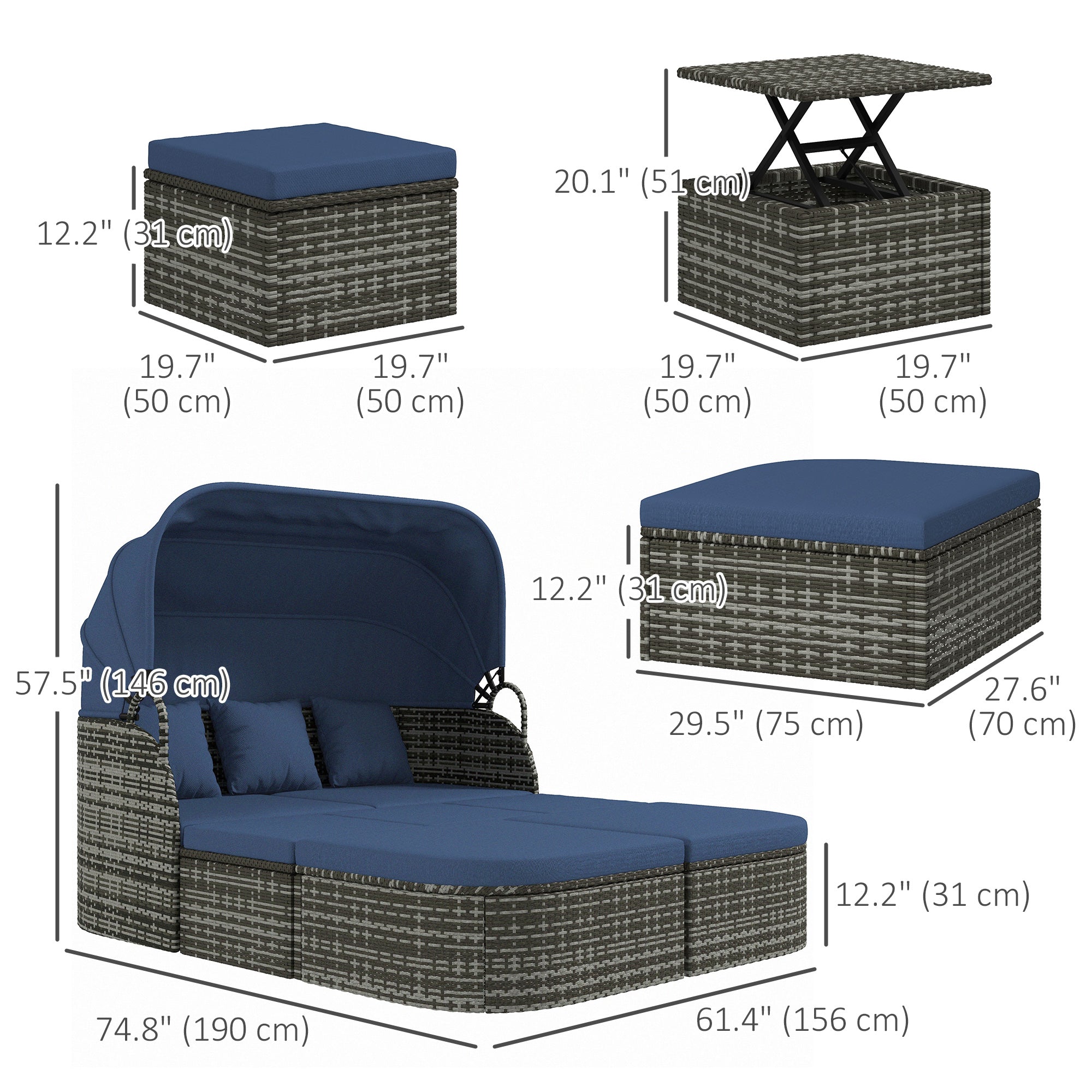Outsunny 6-Piece Patio Set, PE Rattan Outdoor Daybed with Canopy and Lift up Coffee Table, Conversation Sofa Sets w/ Footstools 