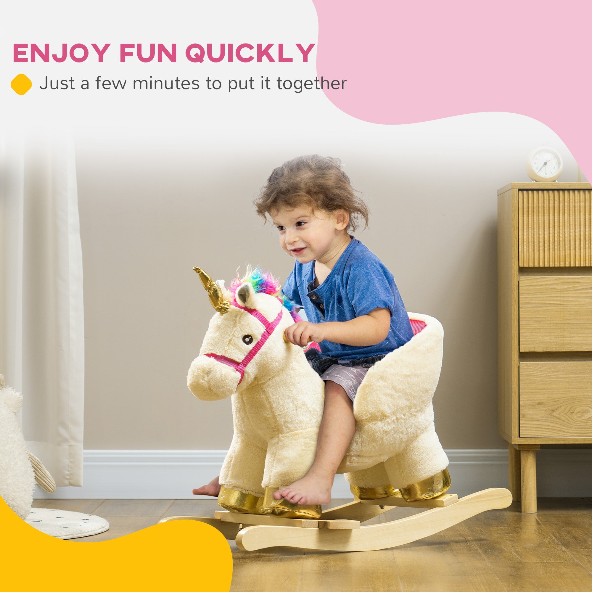 Qaba Rocking Horse Unicorn with Sound, Safety Belt, Wooden Base, for 18-36 Months 
