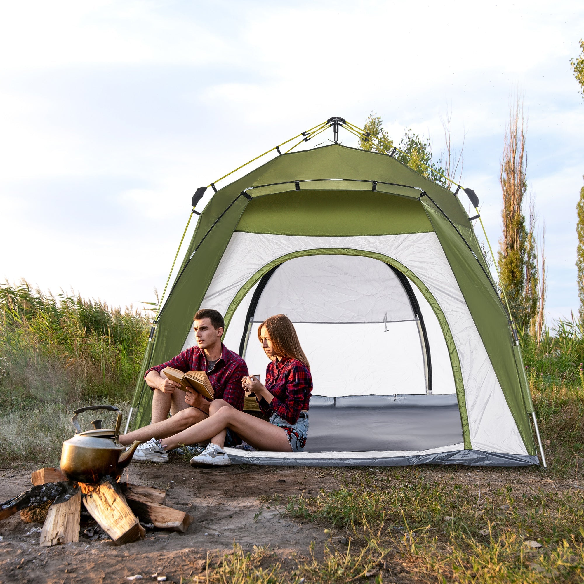 Outsunny Automatic Camping Tent Instant Outdoor Easy Pop Up Portable Backpacking Dome Shelter 4 Person Green 
