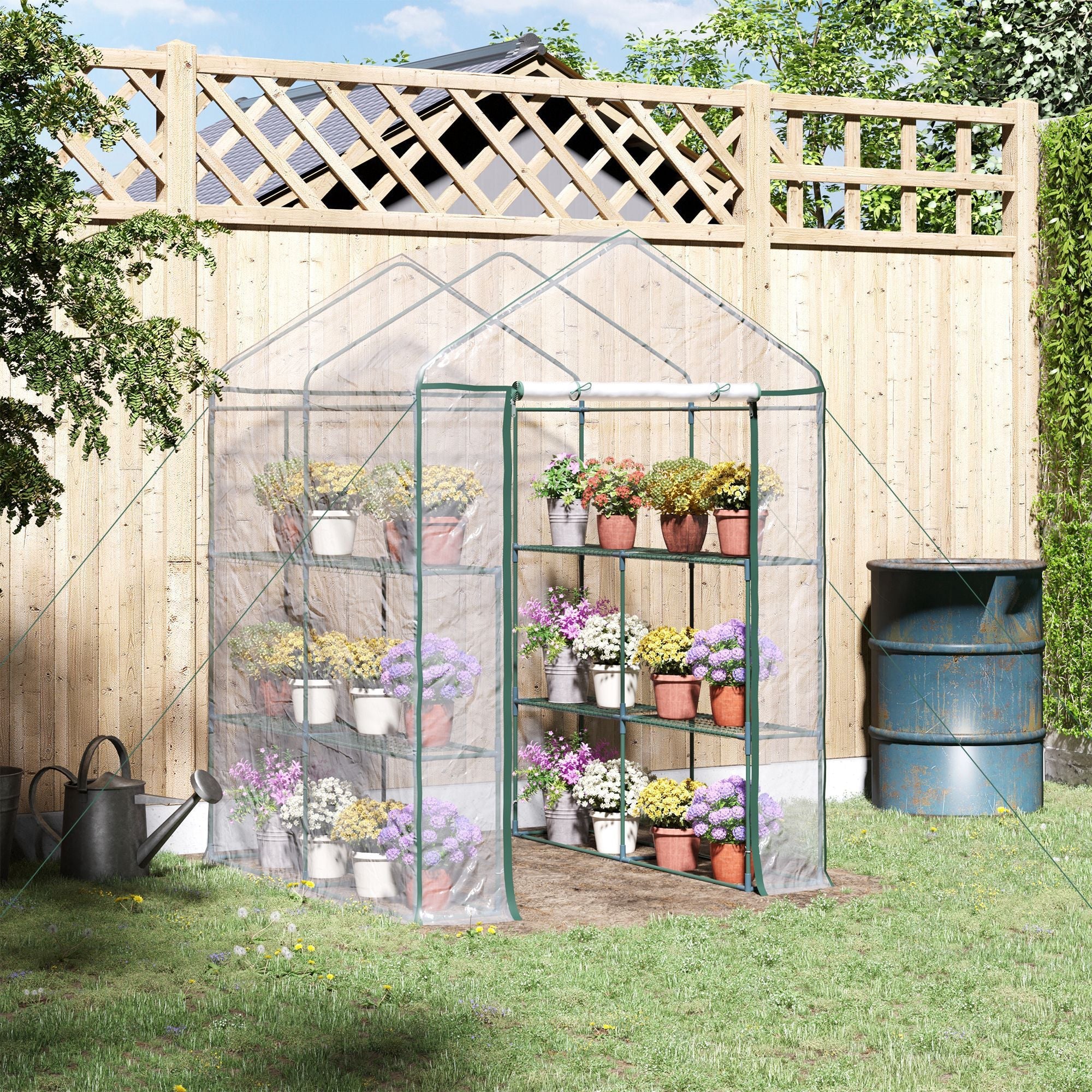 Outsunny 4.7'x4.7'x6.4' Walk-in Greenhouse Kit for Plants Portable Garden Green House Grow Tent Shelving Transparent PVC Cover 
