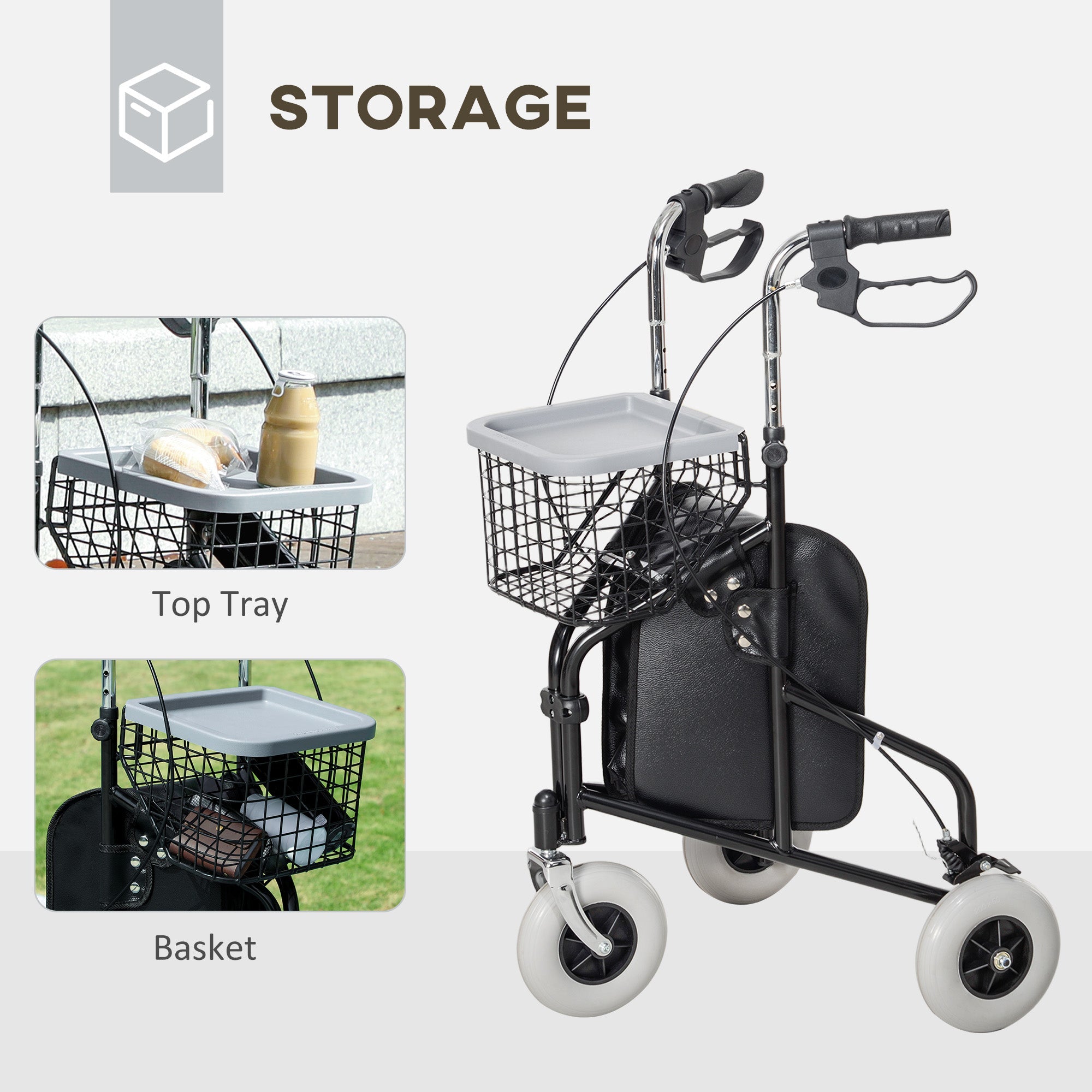HOMCOM Upright Walker Up Rollator, Rolling Walker with Wheels, Storage Bag, Tray, Adjustable Handle Height, Black 