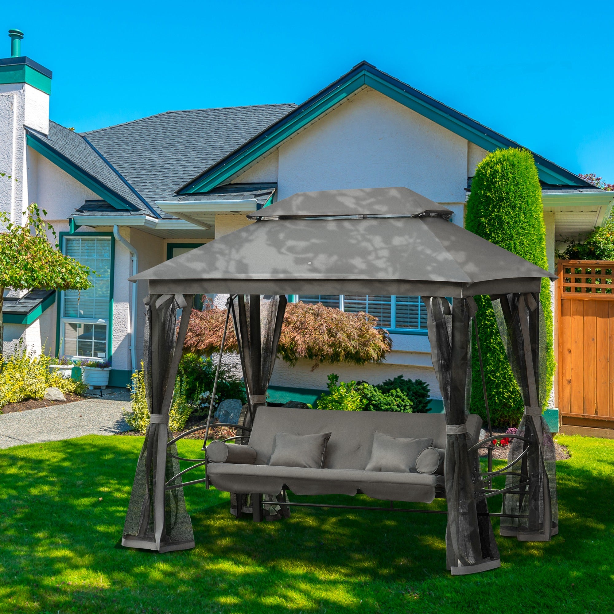 Outsunny 3 Person Outdoor Patio Daybed 3 in 1 Canopy Gazebo Swing Chair Garden Hammock with Mesh Mosquito Net and Sun Shade Grey 