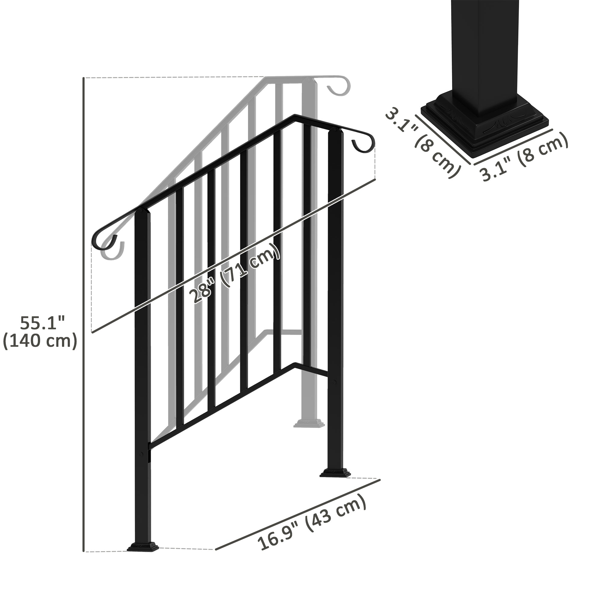 Outsunny 2-3 Step Handrails for Outdoor Steps, Metal Outdoor Stair Railing, Porch Deck Railing with Installation Kit, Black 