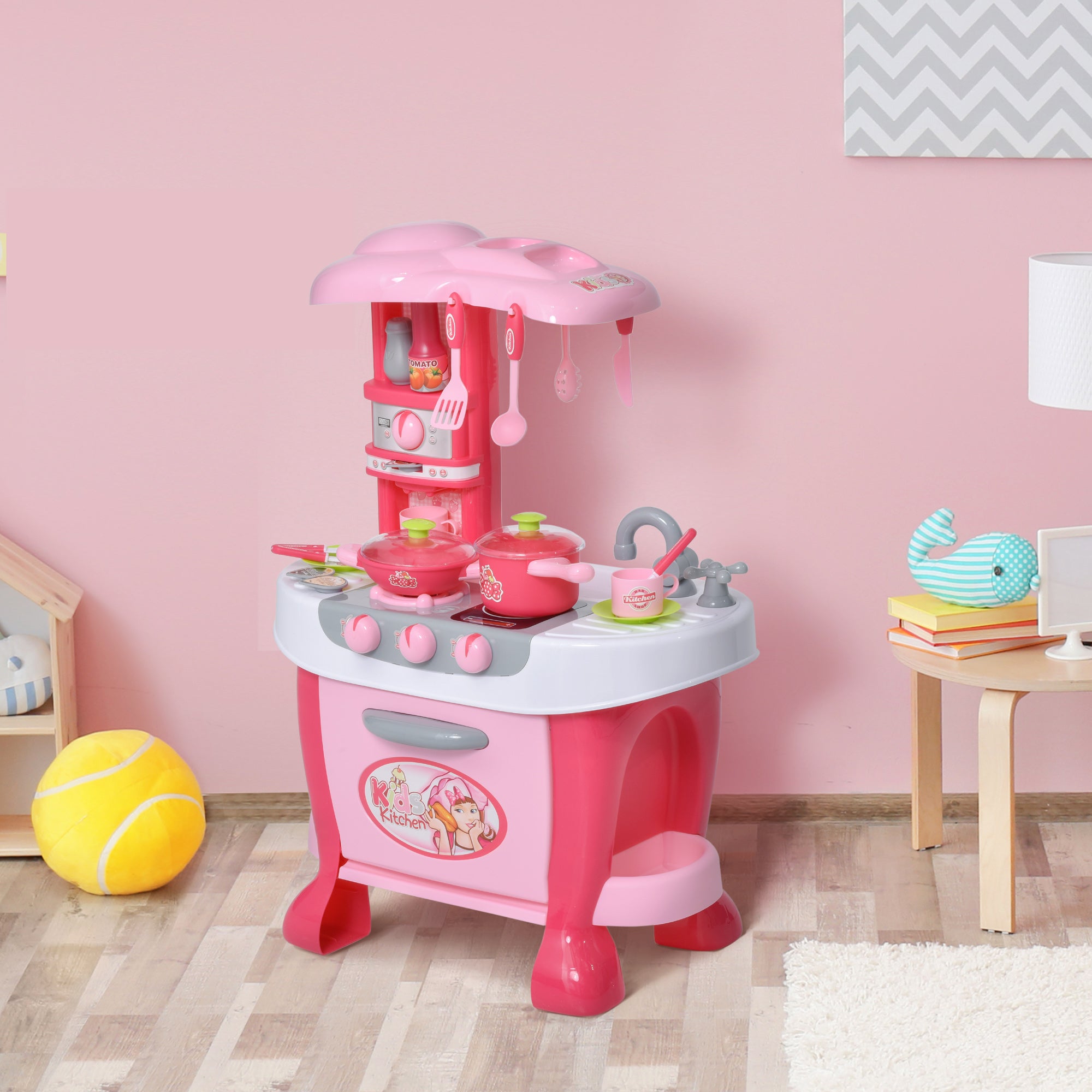 Qaba Children's Kitchen Playset with Light & Sound, 38Pcs Toy Accessories, Ideal for Pretend Play, Pink 