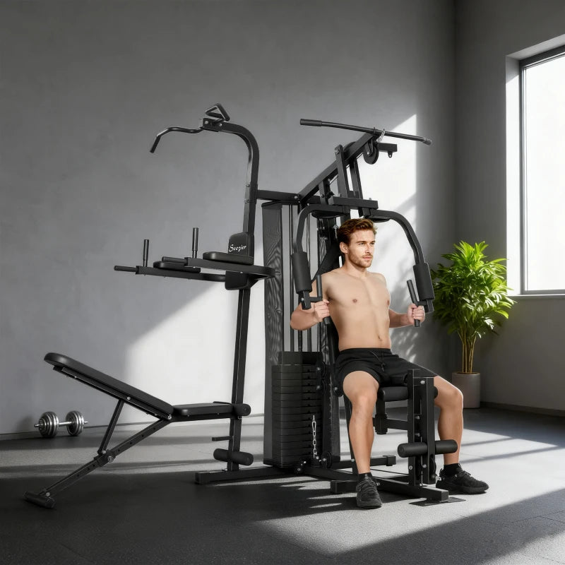 All-in-One Multi-Station Home Gym Workout Machine with Weight Stack, Pulley System & Adjustable Bench – Black