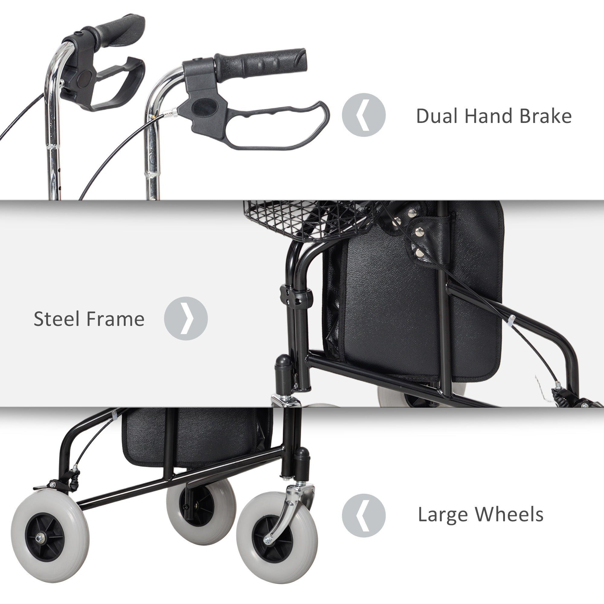 HOMCOM Upright Walker Up Rollator, Rolling Walker with Wheels, Storage Bag, Tray, Adjustable Handle Height, Black 