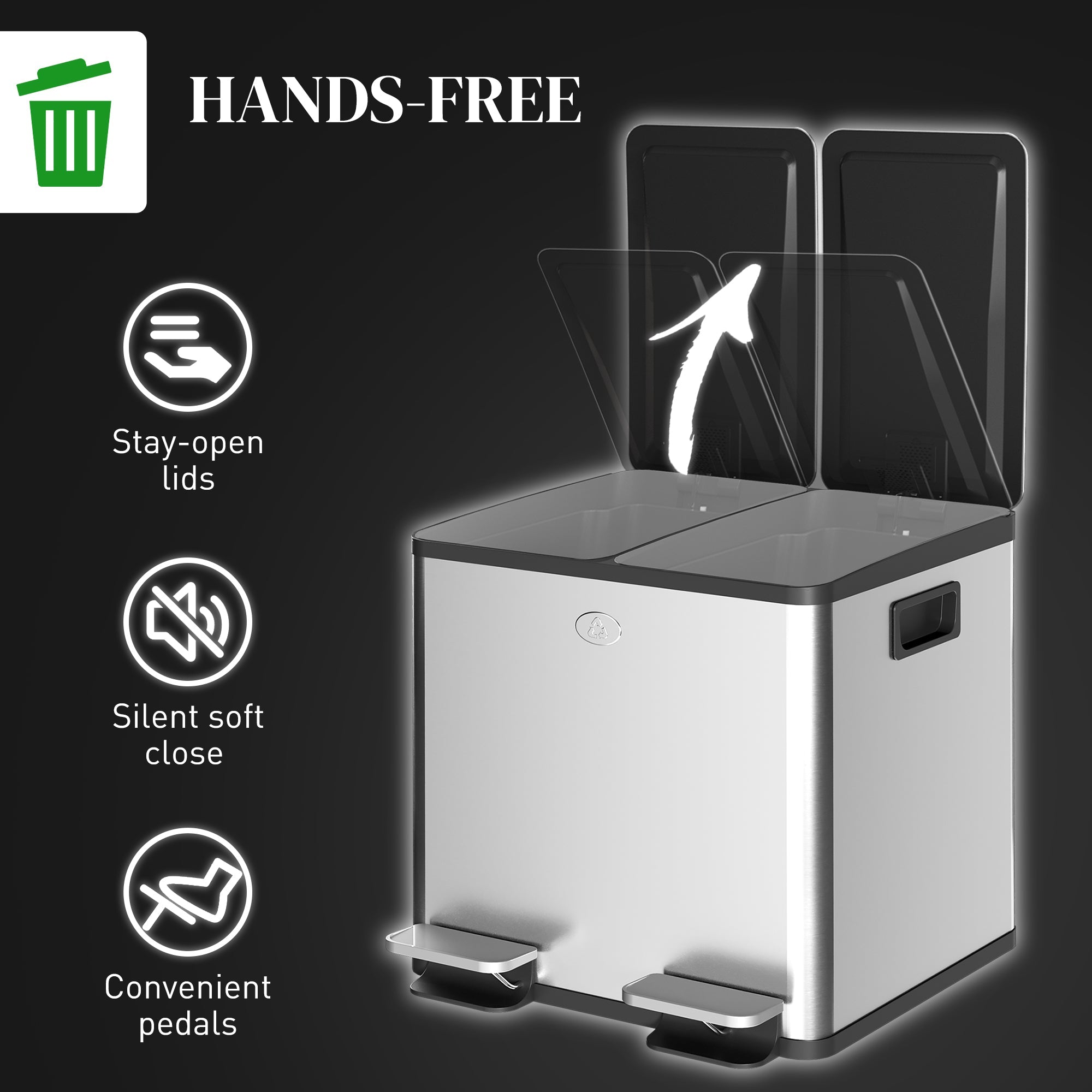 HOMCOM Dual Garbage Bin, Soft-Close Trash Can with Foot Pedal, 2 x 15 Liter Garbage Can with Removable Inner Buckets, Silver 