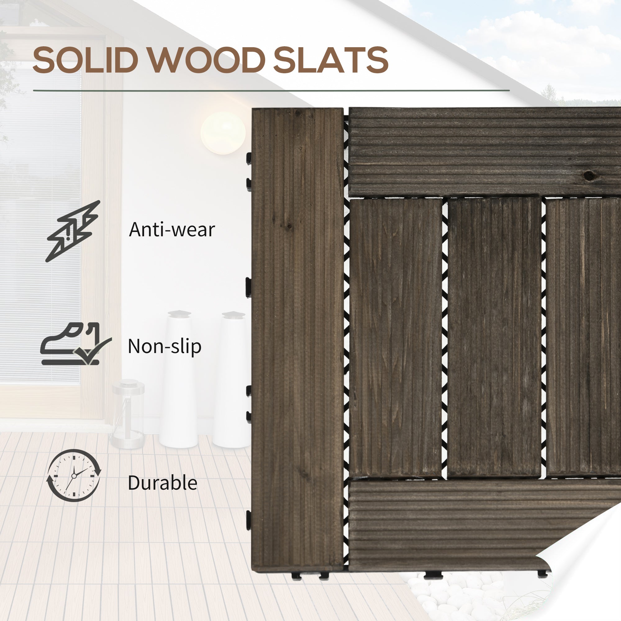 Outsunny 27 Pcs Wooden Interlocking Deck Tiles, 12" x 12" Non-slip Flooring Tiles for Indoor Outdoor Patio Balcony, Grey 