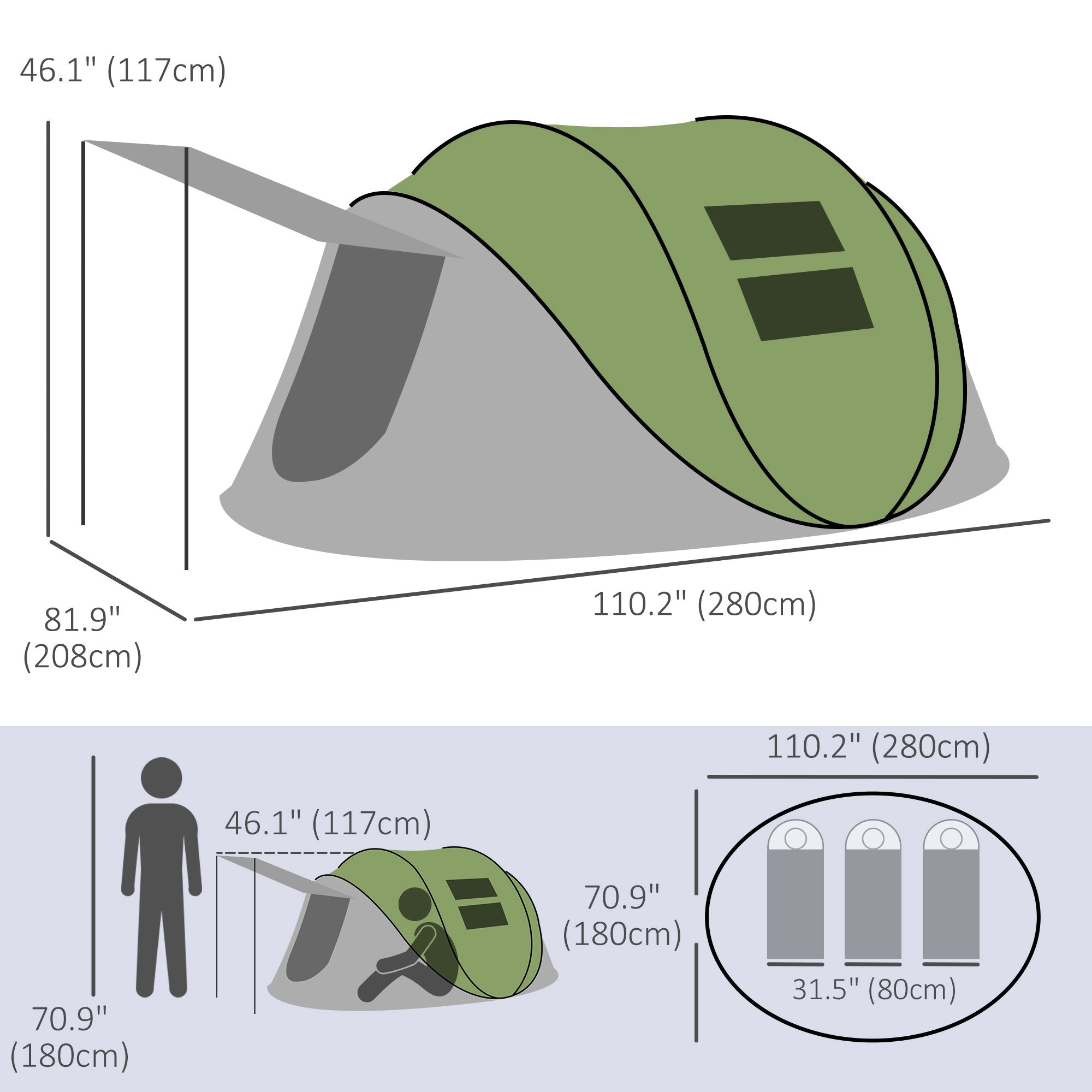 Outsunny Waterproof Pop Up Camping Tent with Porch Carry Bag for 2-3 People Hiking Outdoor Green 