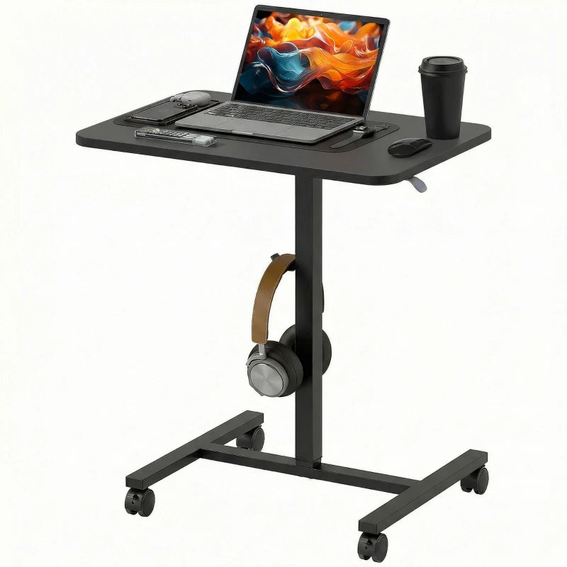 Height Adjustable Standing Desk, Pneumatic Sit Stand Desk with Wheels and Headphone Hook, Black Wood Grain