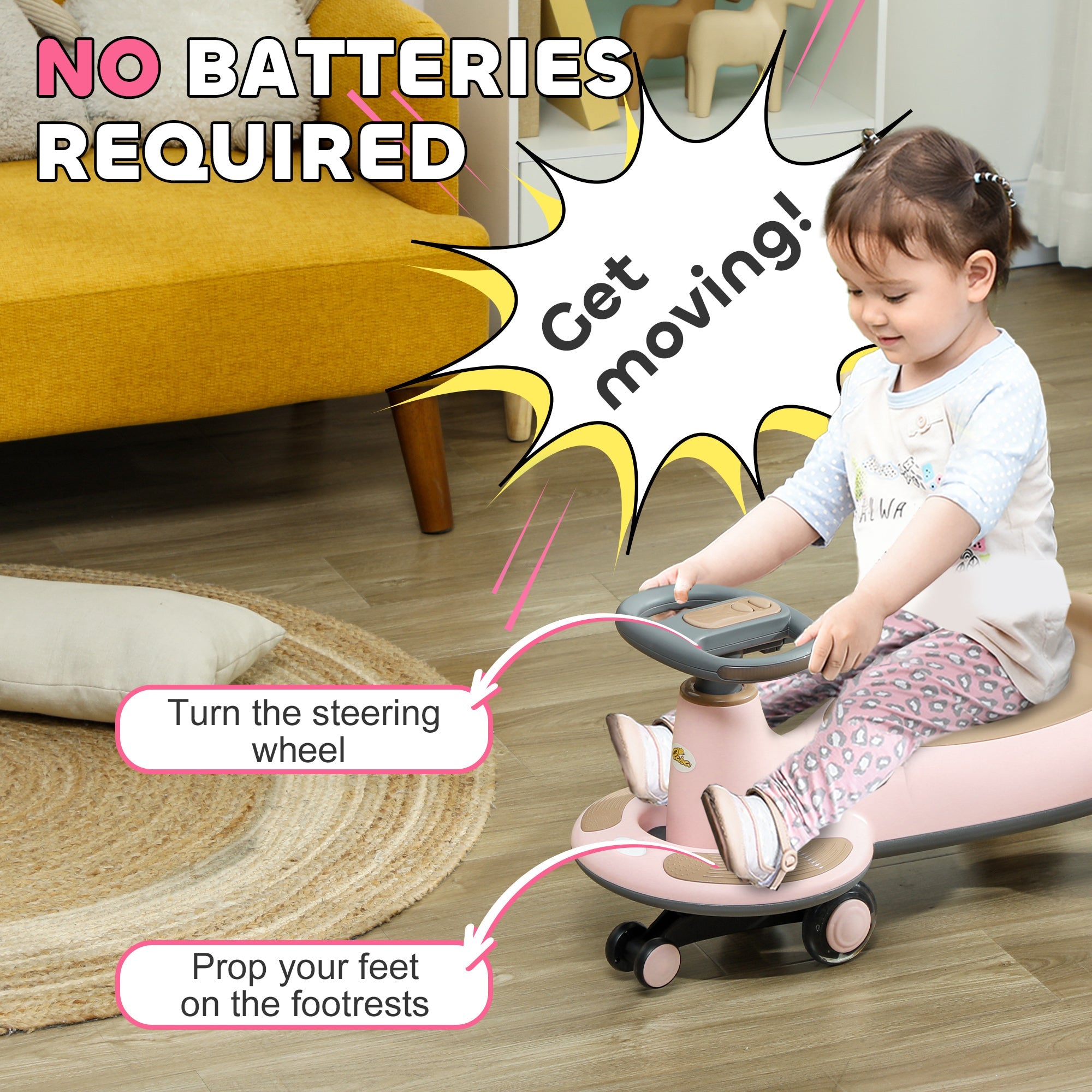 Qaba Kids Wiggle Car w/ Parent Traction Rope, Music, Light, Pink 