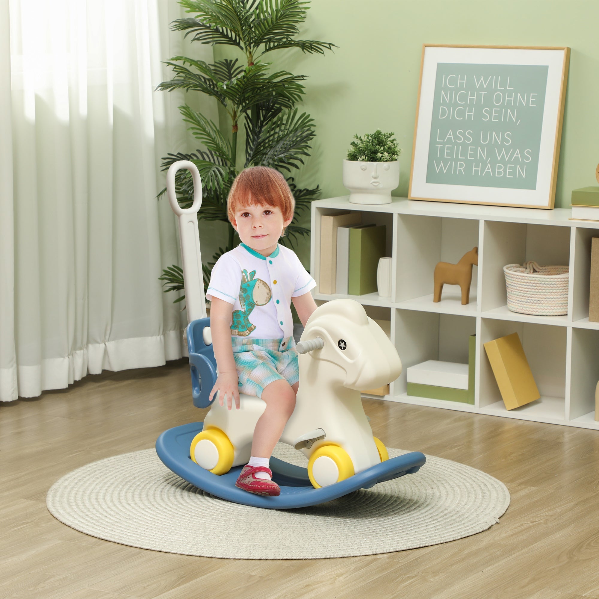 Qaba 4 in 1 Kids Rocking Horse w/ Detachable Balance Board & Push Handel, Blue 