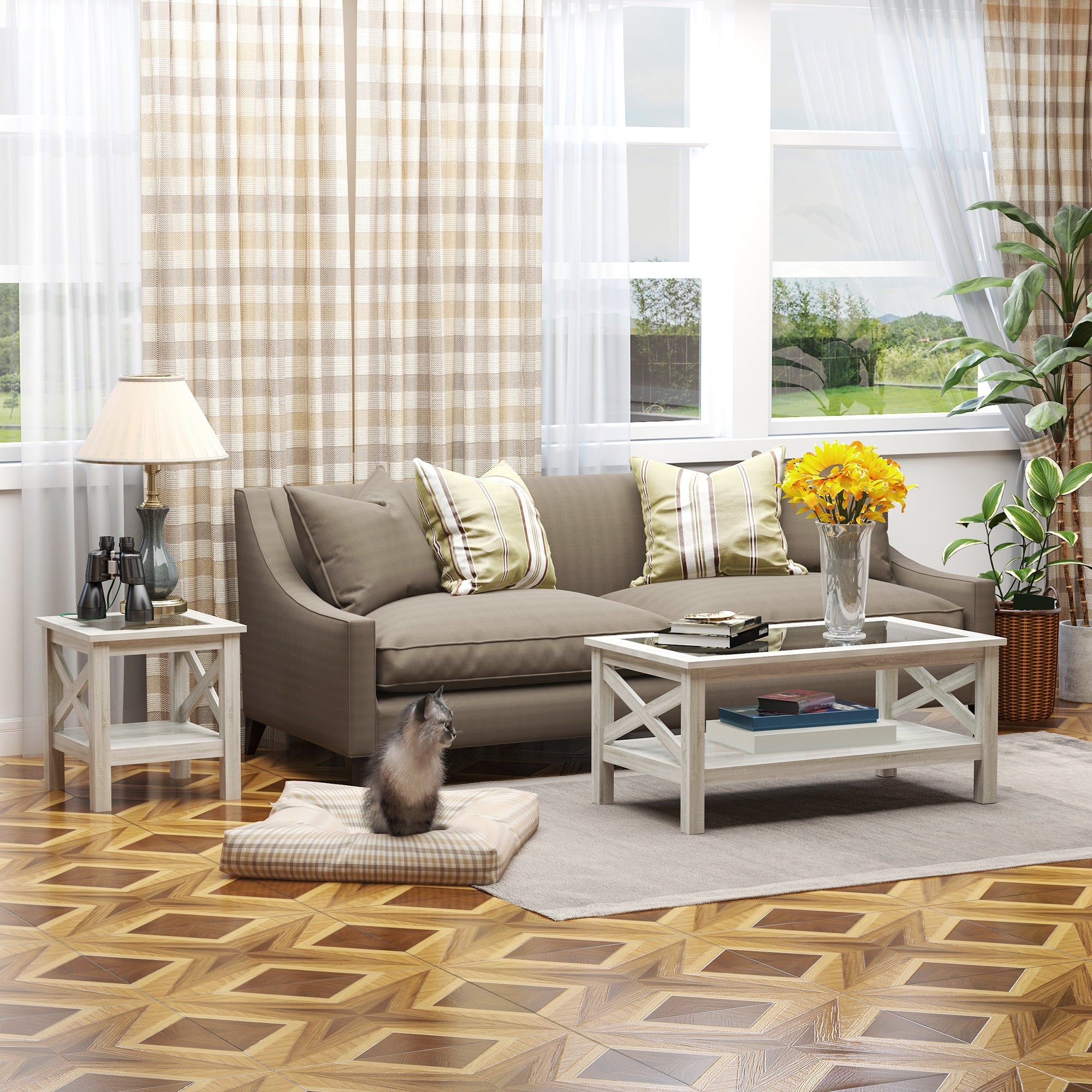HOMCOM Farmhouse Glass Top Coffee Table: 2-Tier Center Table with Bottom Storage Shelf for Living Room, Bedroom 