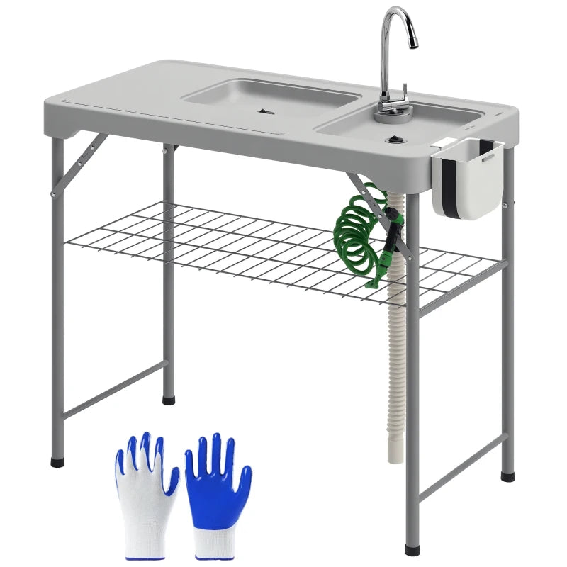 Folding Fish Cleaning Table with Sinks, Camping Sink with Faucet Drainage Hose Sprayer Shelf, Grey