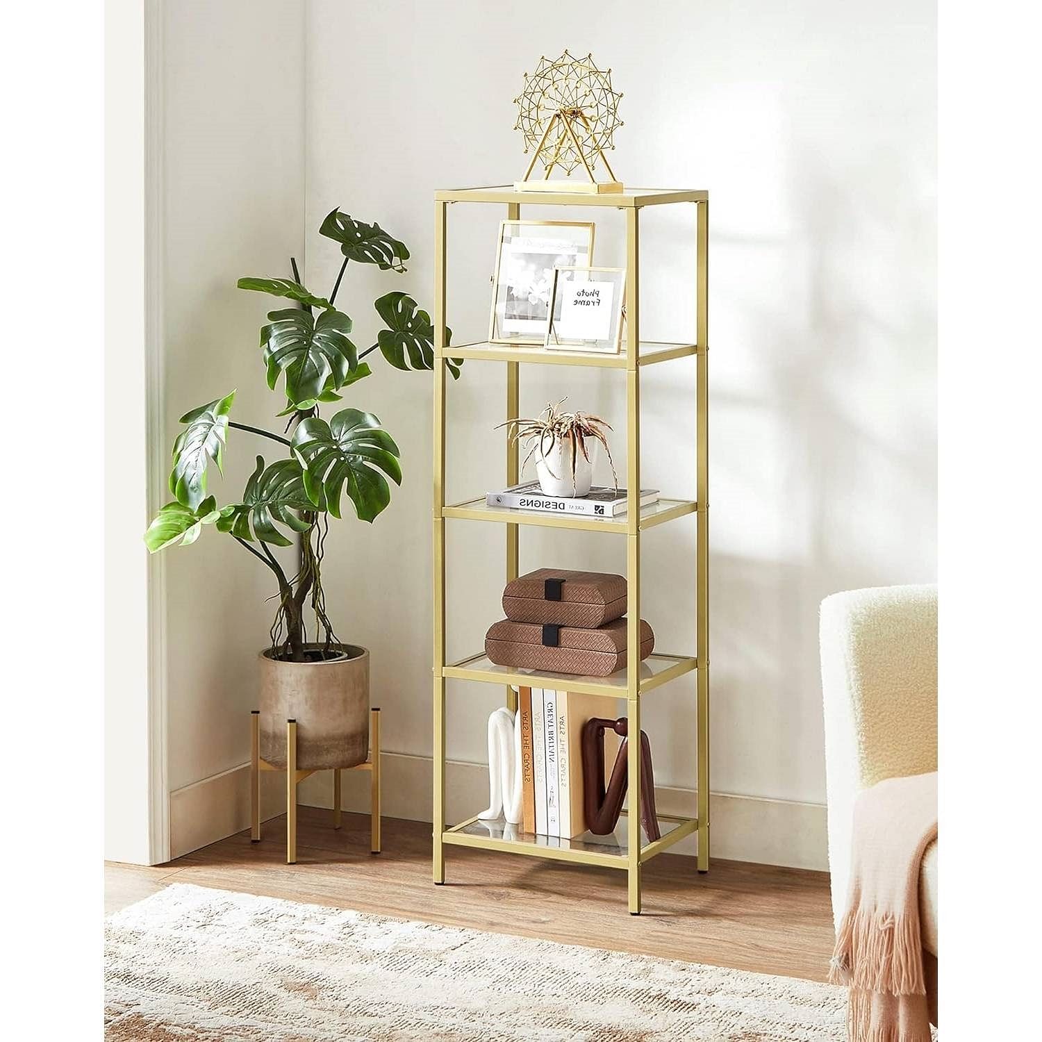 Narrow Gold Metal Frame Glass Shelves Shelving Unit Slim 4-Shelf Bookcase - Free Shipping 